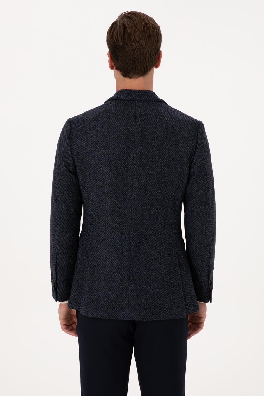 Lacivert Slim Fit Yün Karışımlı Flanel Görünümlü Ceket - 50316800017