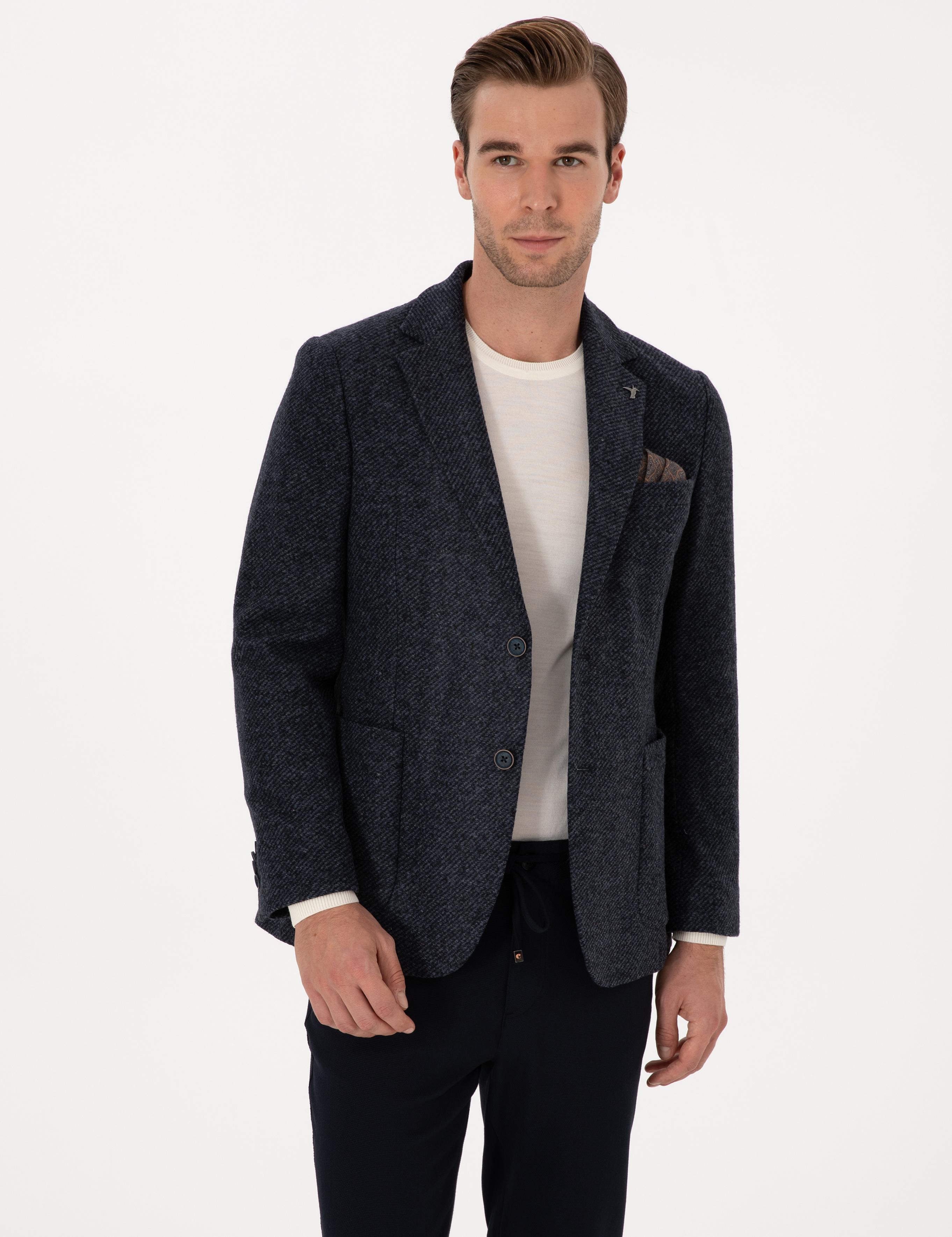 Lacivert Slim Fit Yün Karışımlı Flanel Görünümlü Ceket - 50316800017