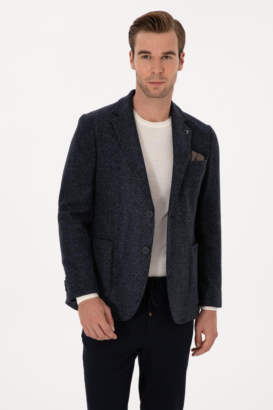 Lacivert Slim Fit Yün Karışımlı Flanel Görünümlü Ceket - 50316800017