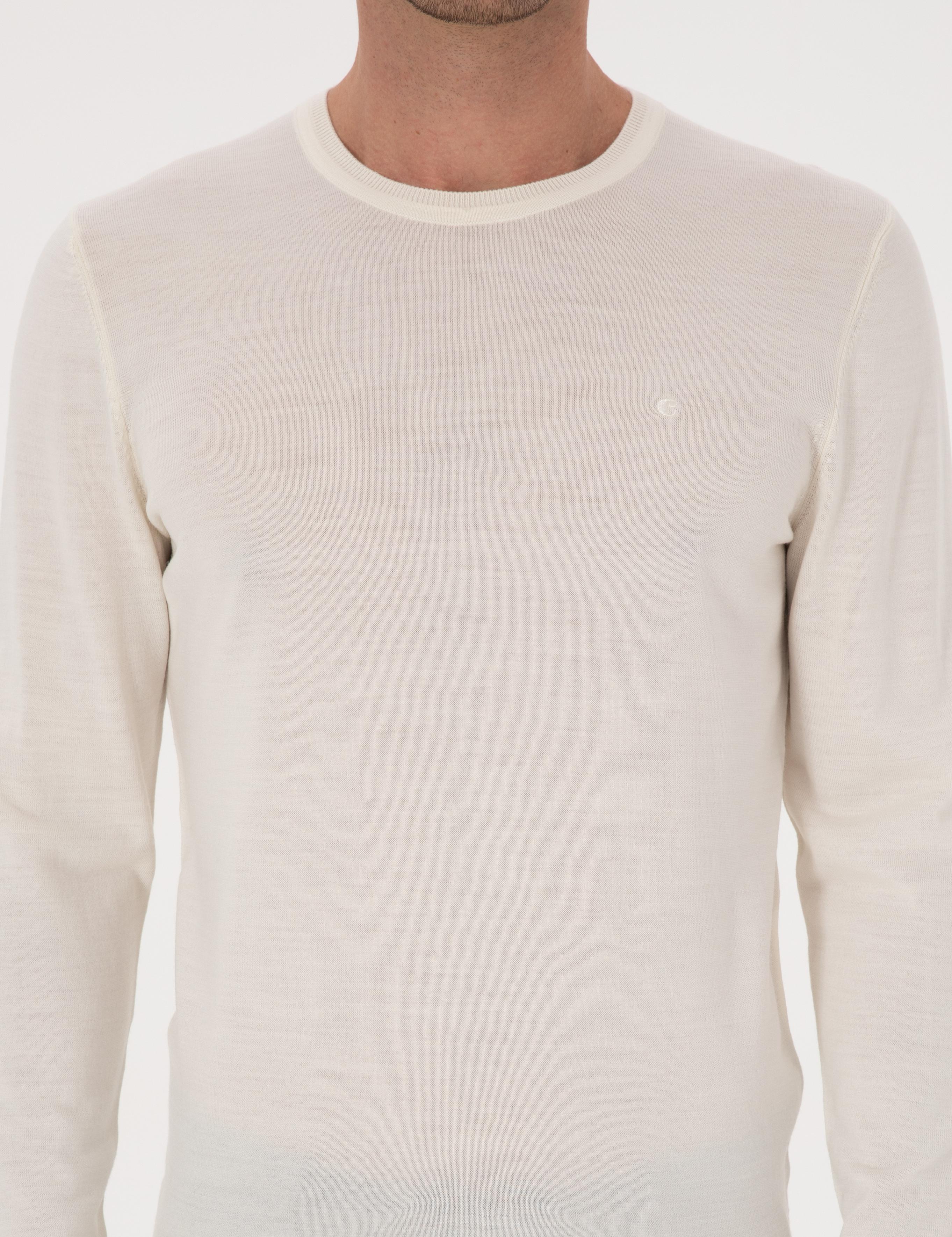 Beyaz Slim Fit Yün Karışımlı Bisiklet Yaka Basic Triko Kazak - 50315266020