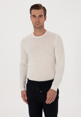 Beyaz Slim Fit Yün Karışımlı Bisiklet Yaka Basic Triko Kazak