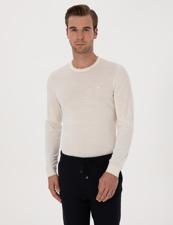 Beyaz Slim Fit Yün Karışımlı Bisiklet Yaka Basic Triko Kazak