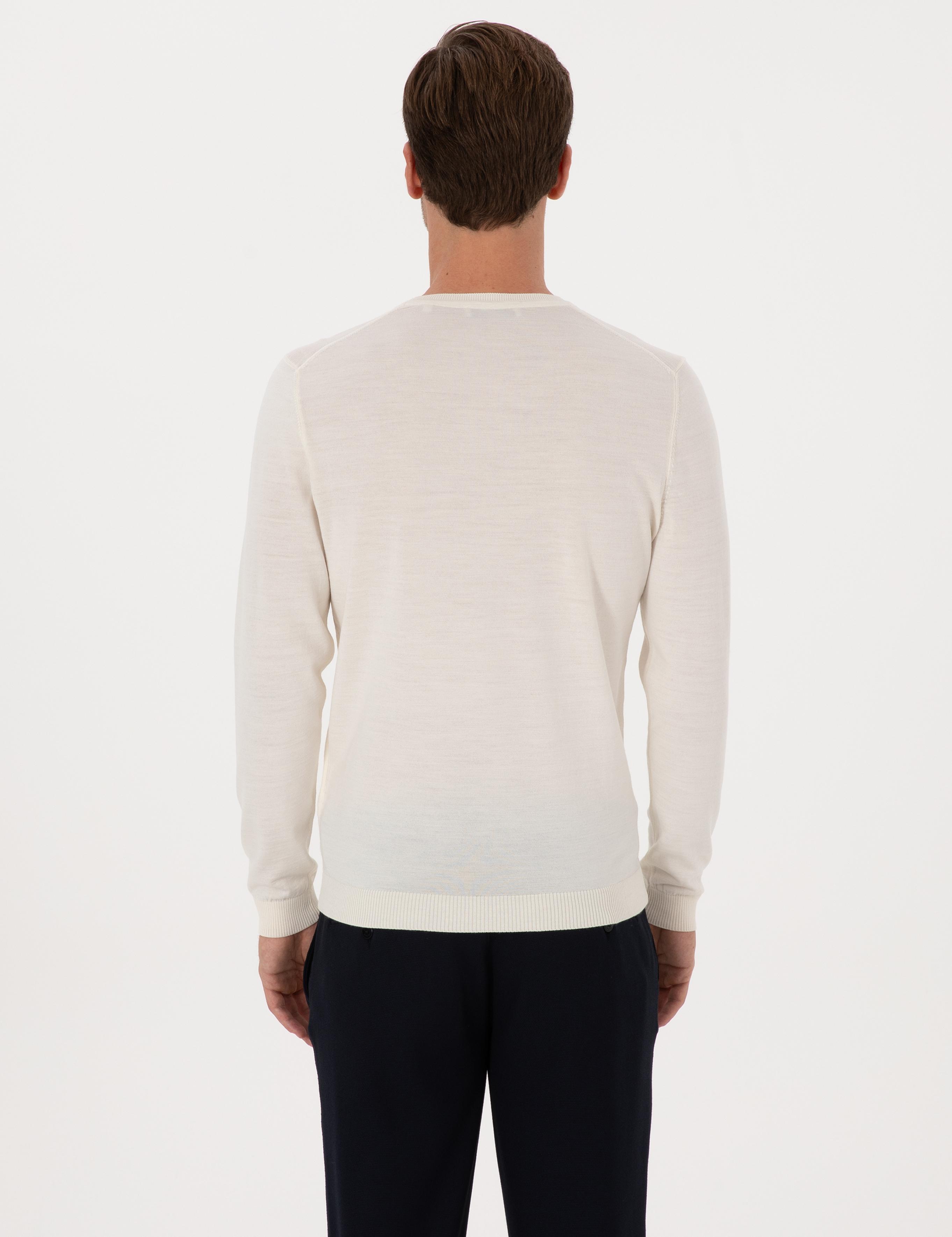 Beyaz Slim Fit Yün Karışımlı Bisiklet Yaka Basic Triko Kazak - 50315266020
