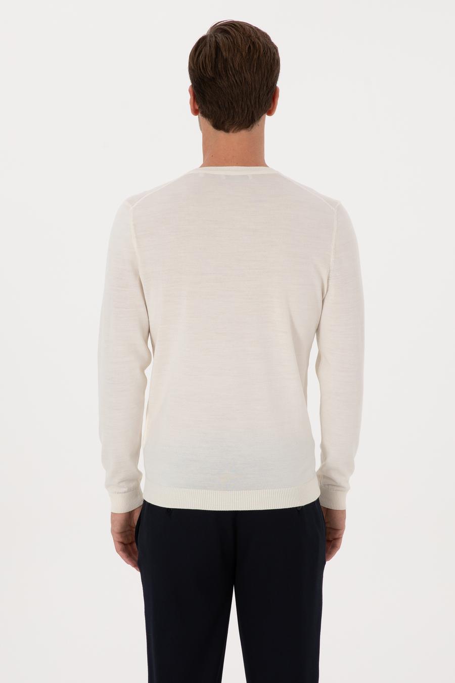 Beyaz Slim Fit Yün Karışımlı Bisiklet Yaka Basic Triko Kazak - 50315266020