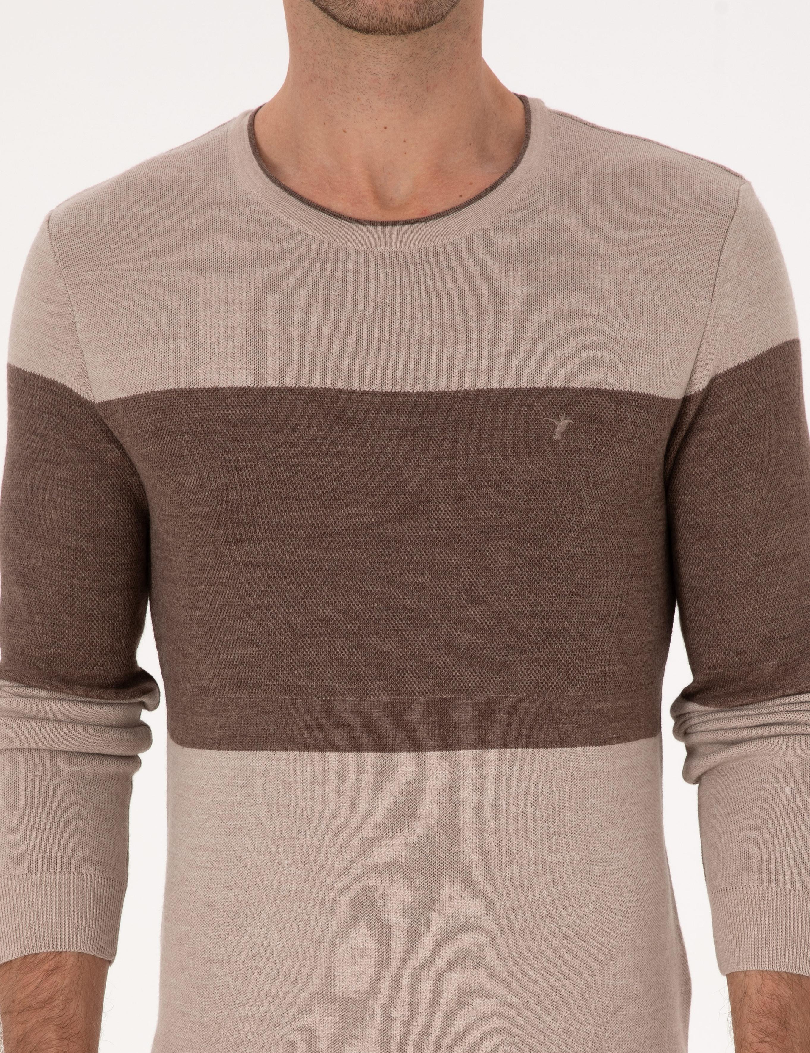 Ekru Regular Fit Yün Karışımlı Bisiklet Yaka Triko Kazak - 50293797014