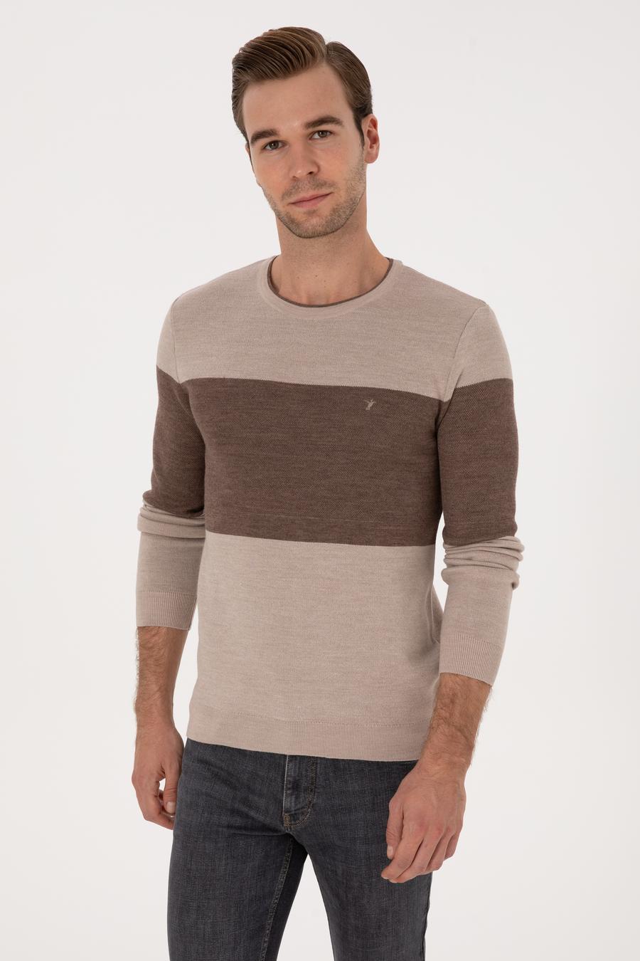 Ekru Regular Fit Yün Karışımlı Bisiklet Yaka Triko Kazak - 50293797014