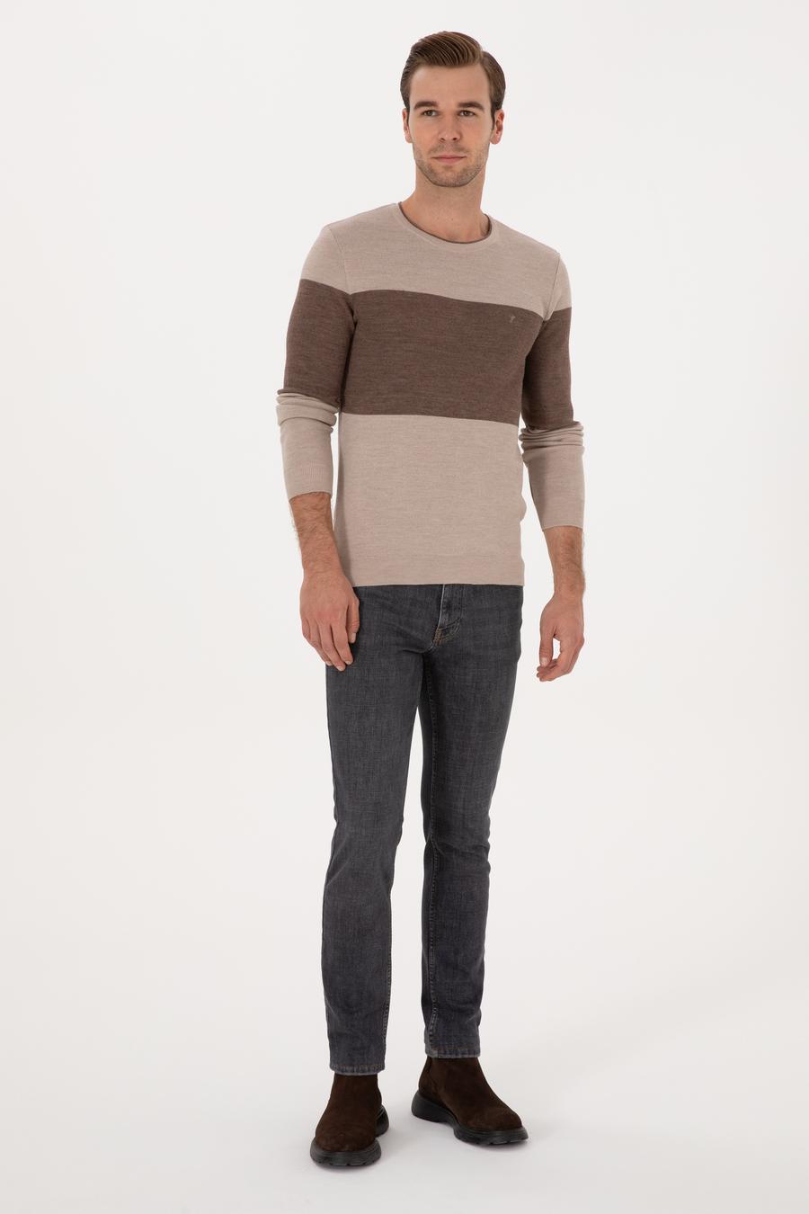 Ekru Regular Fit Yün Karışımlı Bisiklet Yaka Triko Kazak - 50293797014