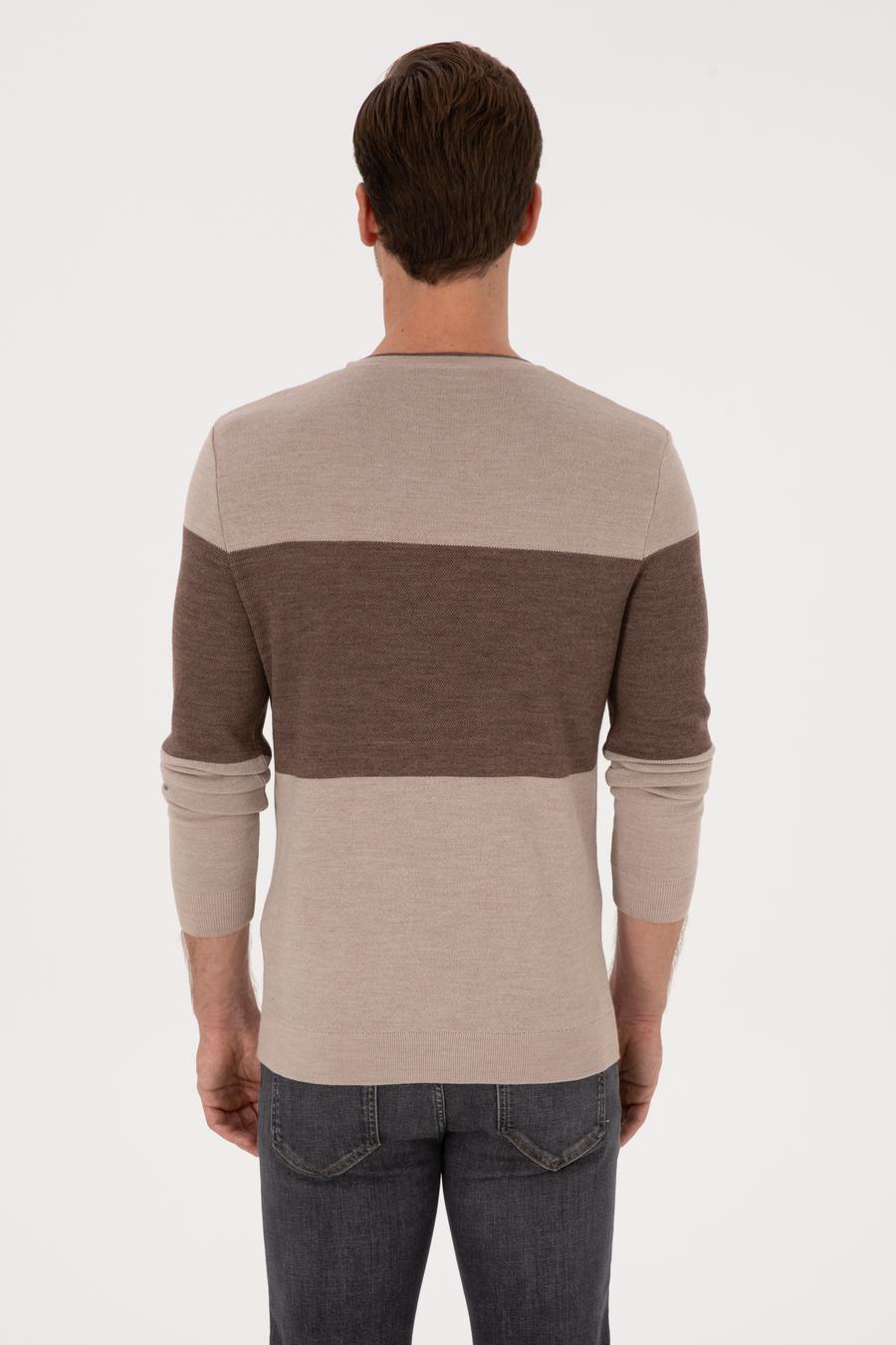 Ekru Regular Fit Yün Karışımlı Bisiklet Yaka Triko Kazak - 50293797014