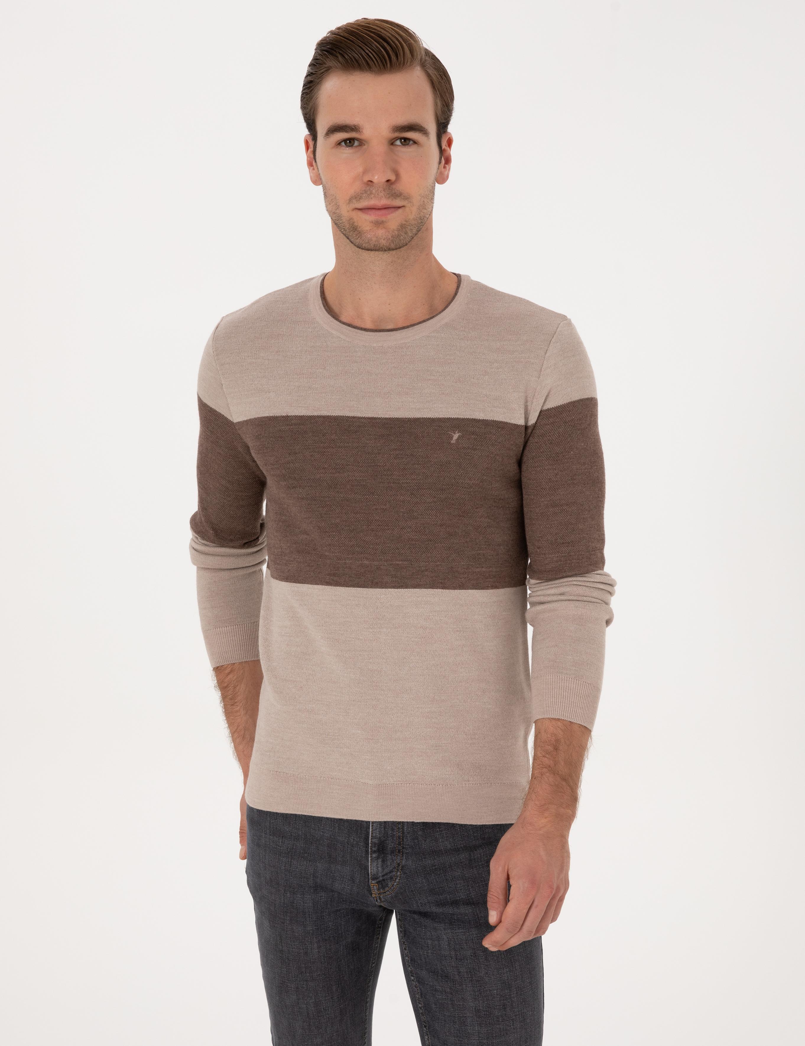Ekru Regular Fit Yün Karışımlı Bisiklet Yaka Triko Kazak - 50293797014