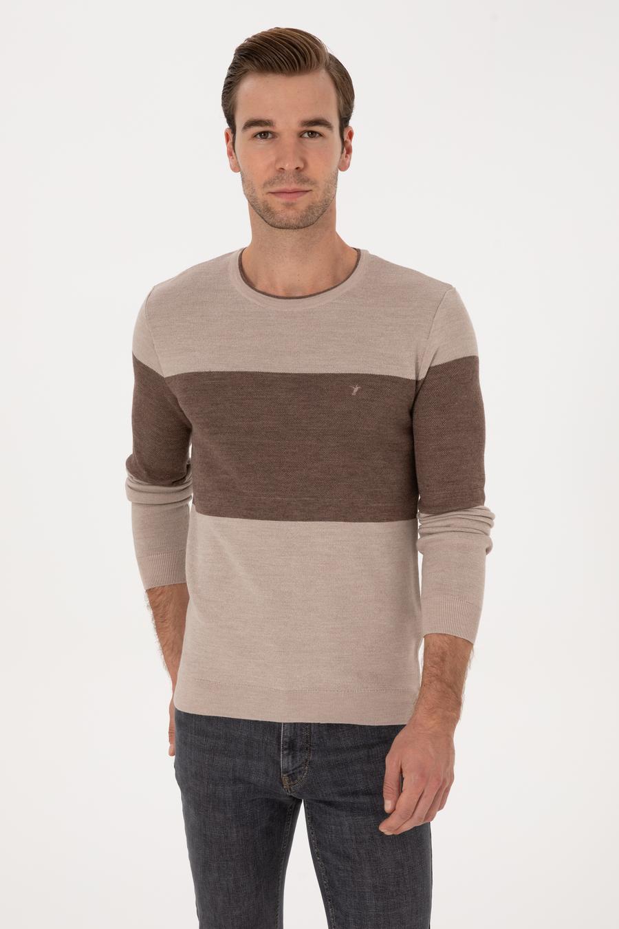Ekru Regular Fit Yün Karışımlı Bisiklet Yaka Triko Kazak - 50293797014