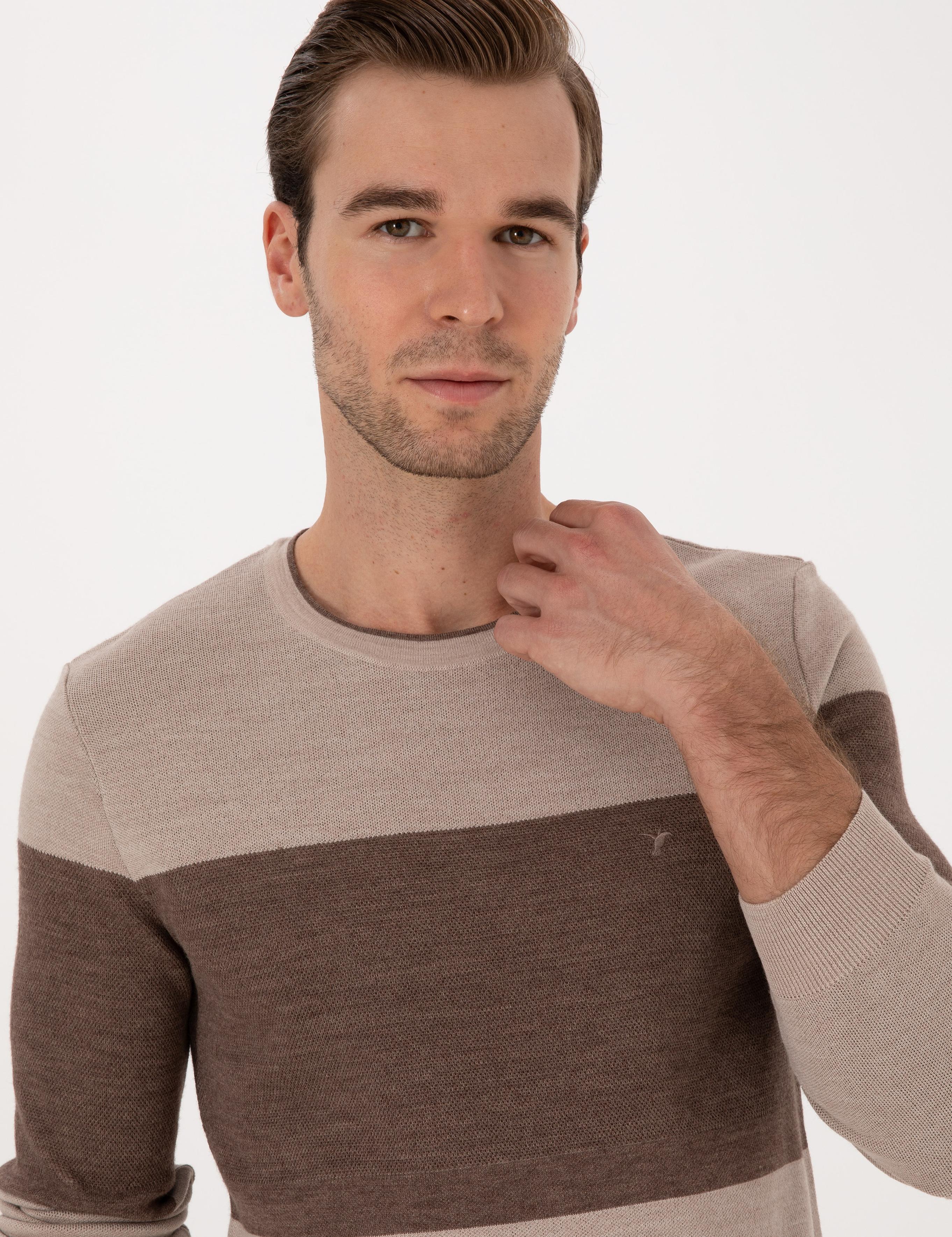 Ekru Regular Fit Yün Karışımlı Bisiklet Yaka Triko Kazak - 50293797014