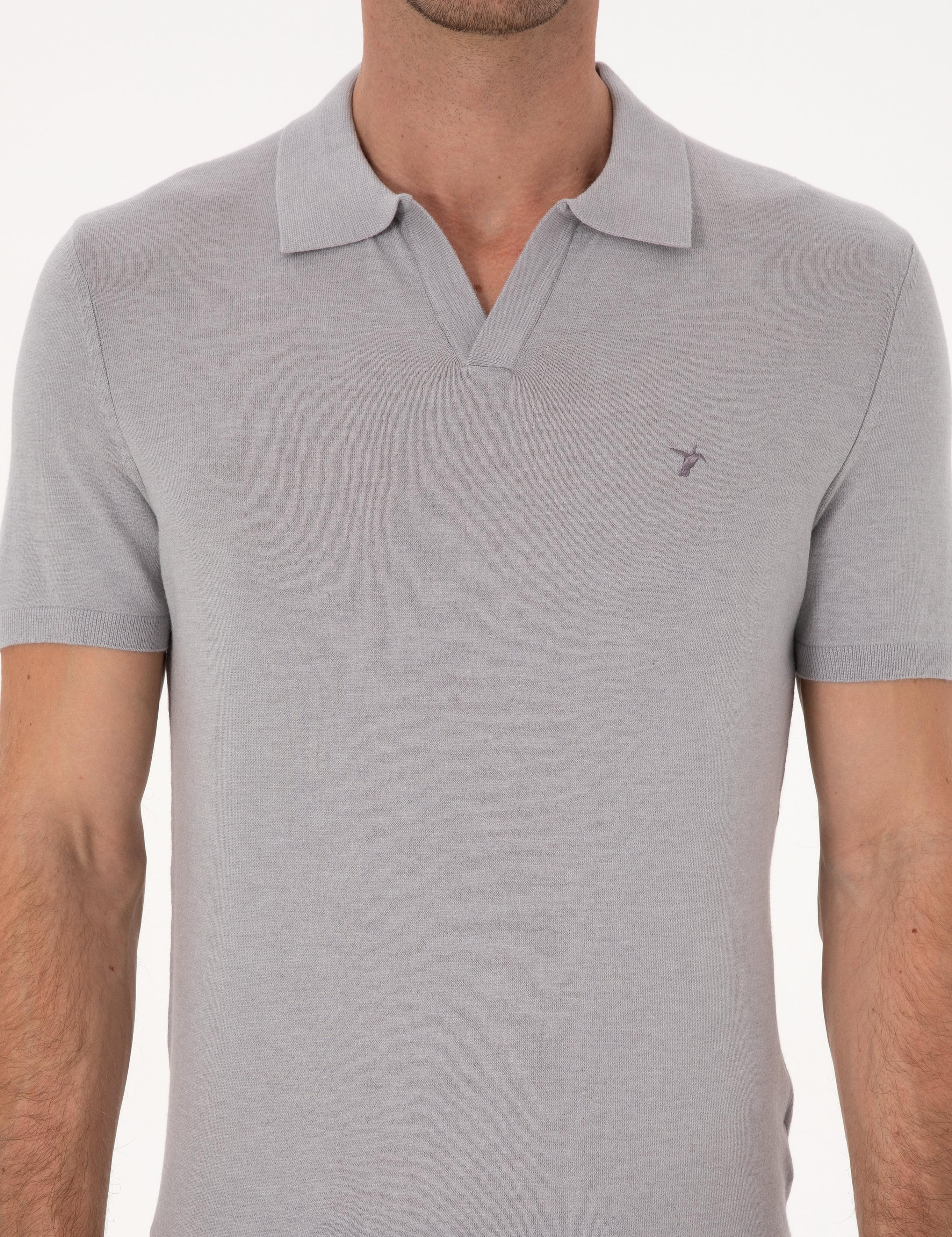 Gri Slim Fit Modal Karışımlı Apaş Yaka Triko T-shirt - 50313020039