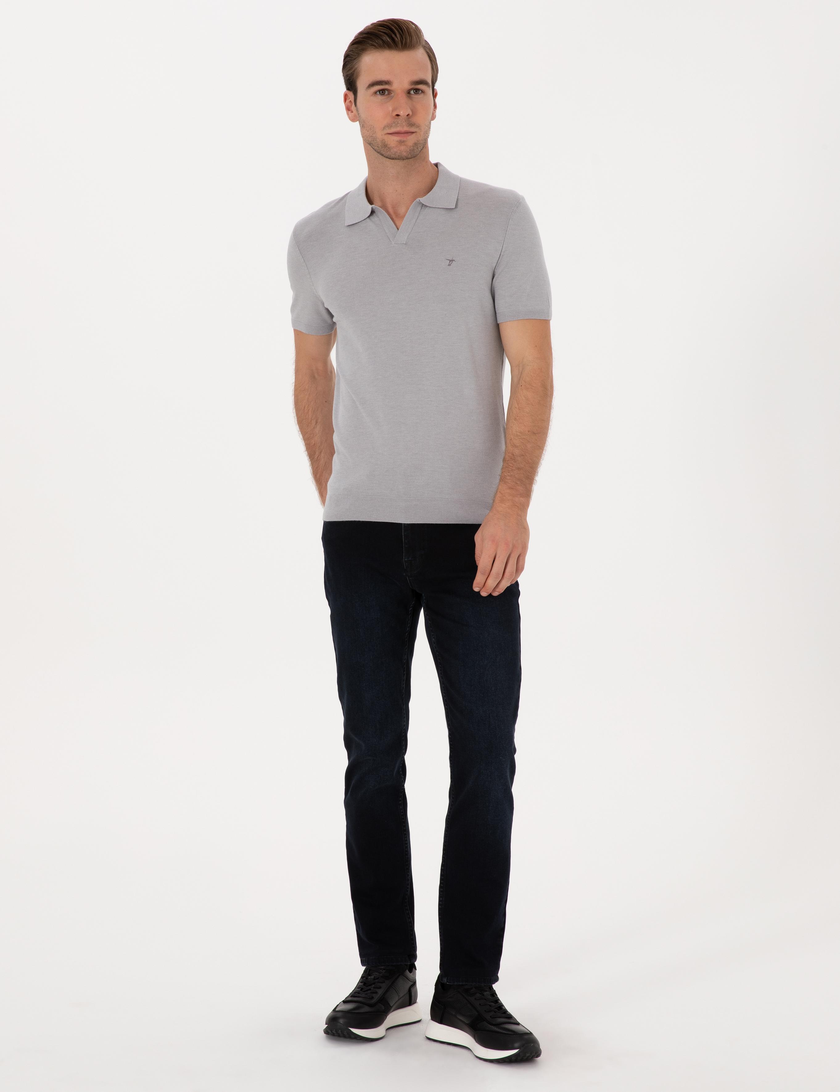 Gri Slim Fit Modal Karışımlı Apaş Yaka Triko T-shirt - 50313020039