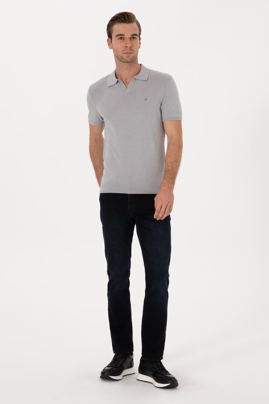 Gri Slim Fit Modal Karışımlı Apaş Yaka Triko T-shirt - 50313020039