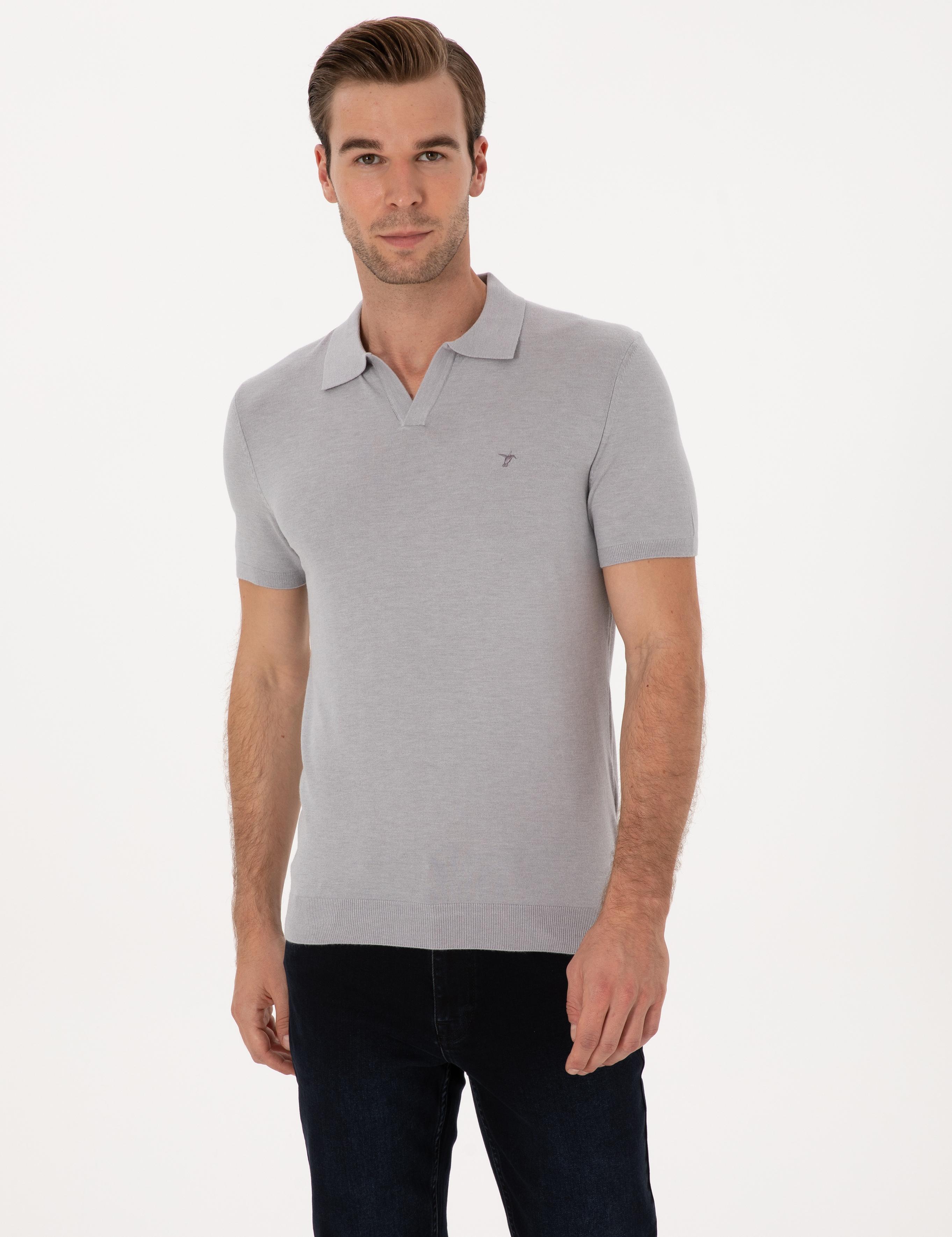 Gri Slim Fit Modal Karışımlı Apaş Yaka Triko T-shirt - 50313020039