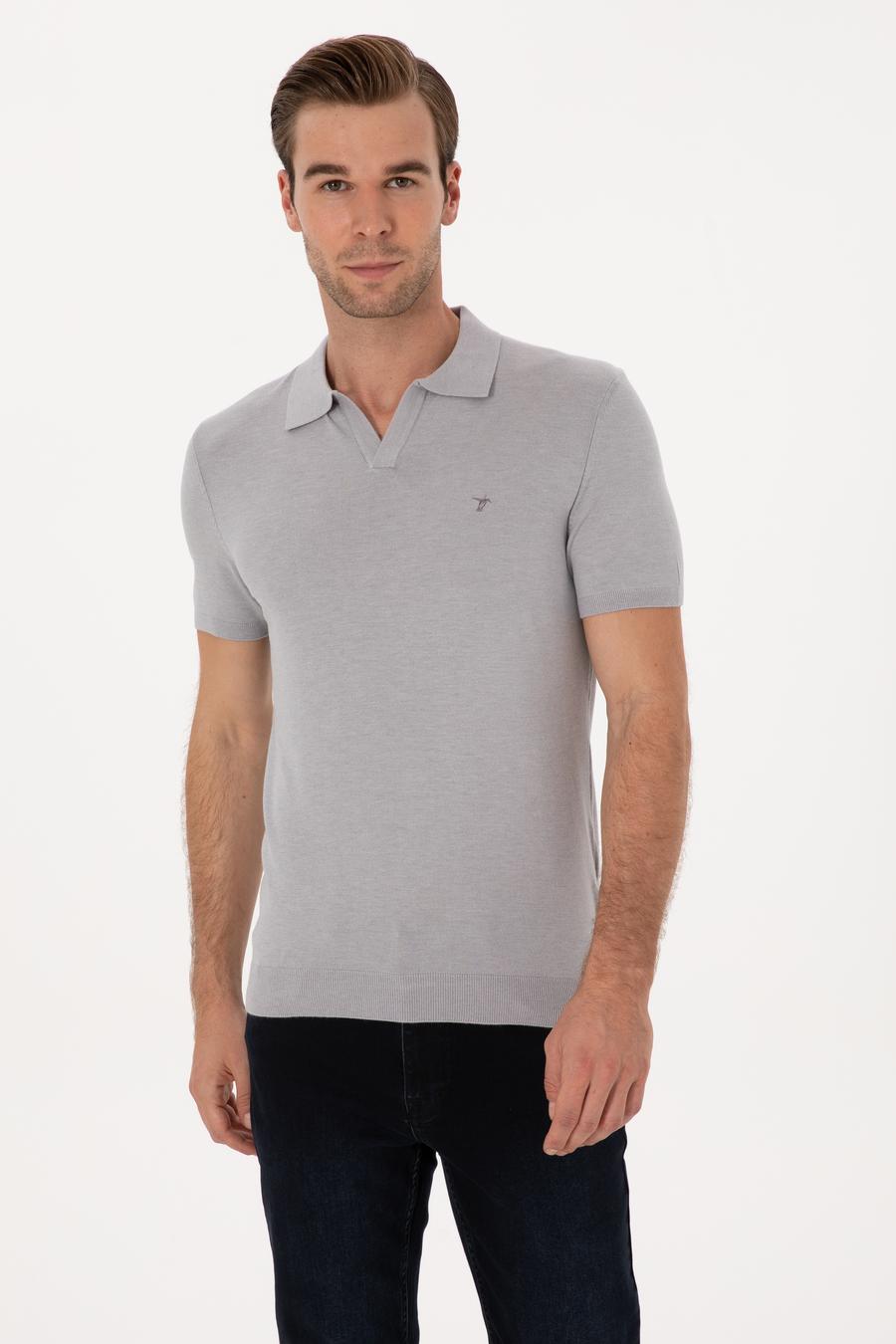 Gri Slim Fit Modal Karışımlı Apaş Yaka Triko T-shirt - 50313020039