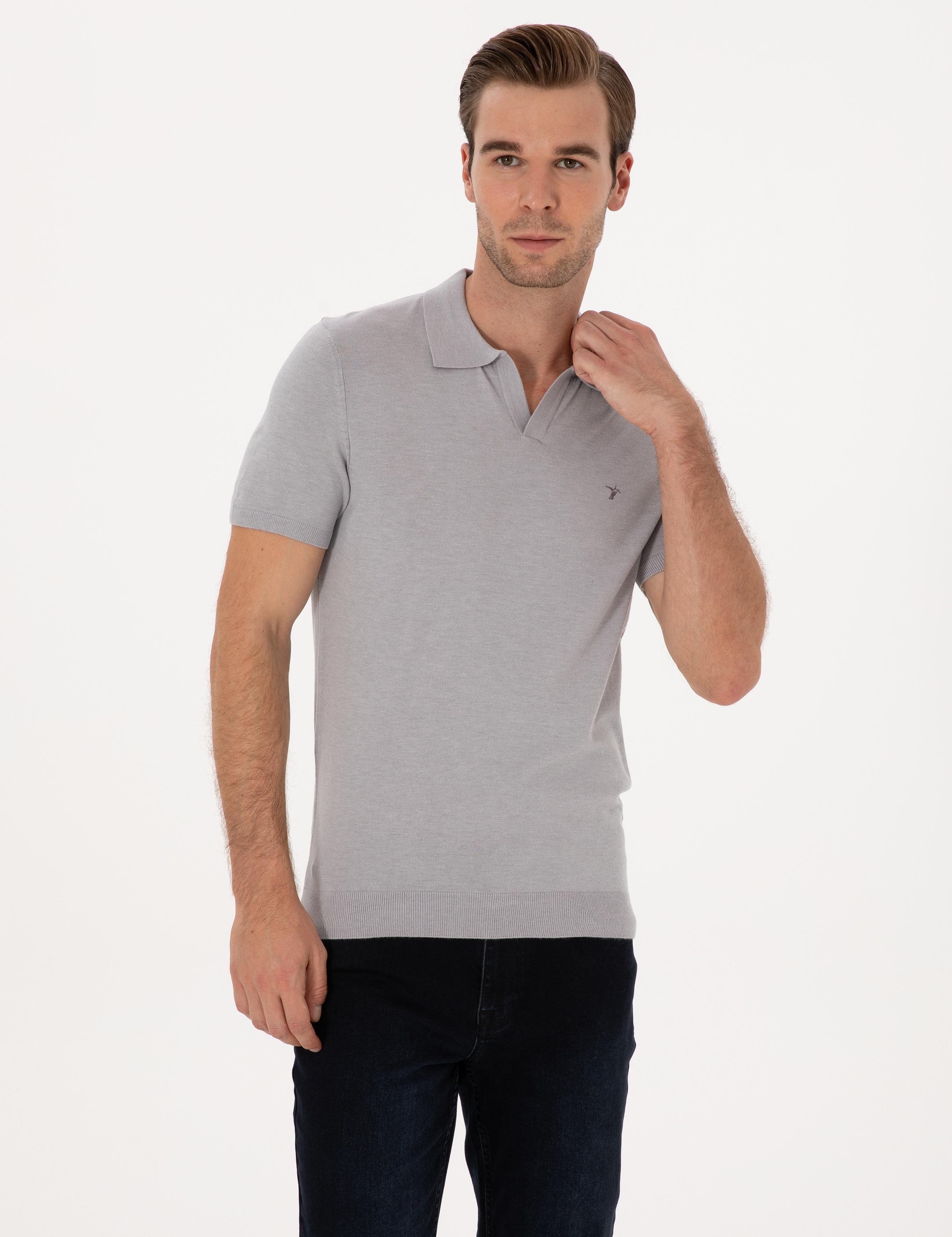 Gri Slim Fit Modal Karışımlı Apaş Yaka Triko T-shirt - 50313020039