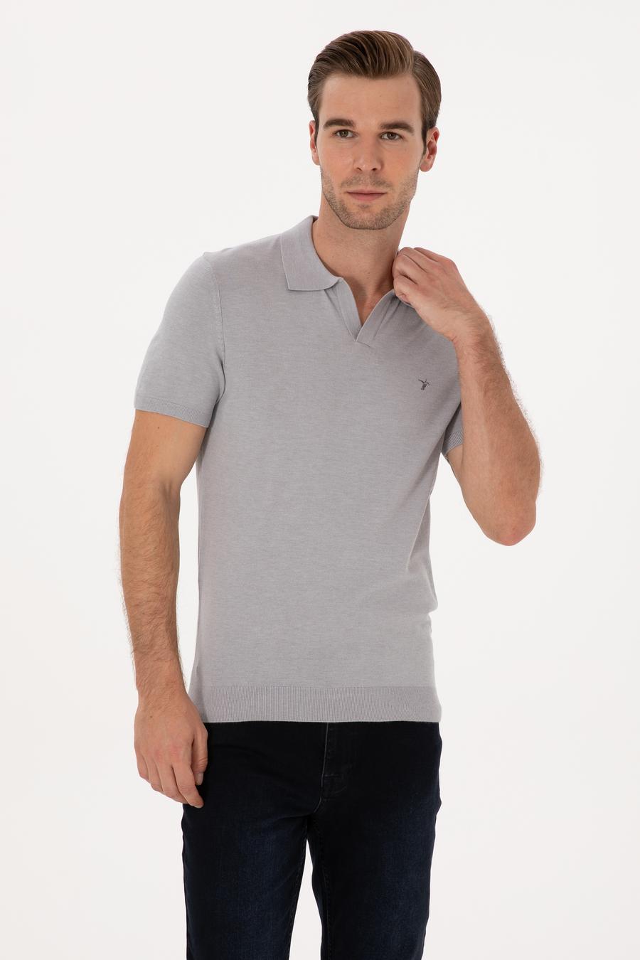 Gri Slim Fit Modal Karışımlı Apaş Yaka Triko T-shirt - 50313020039