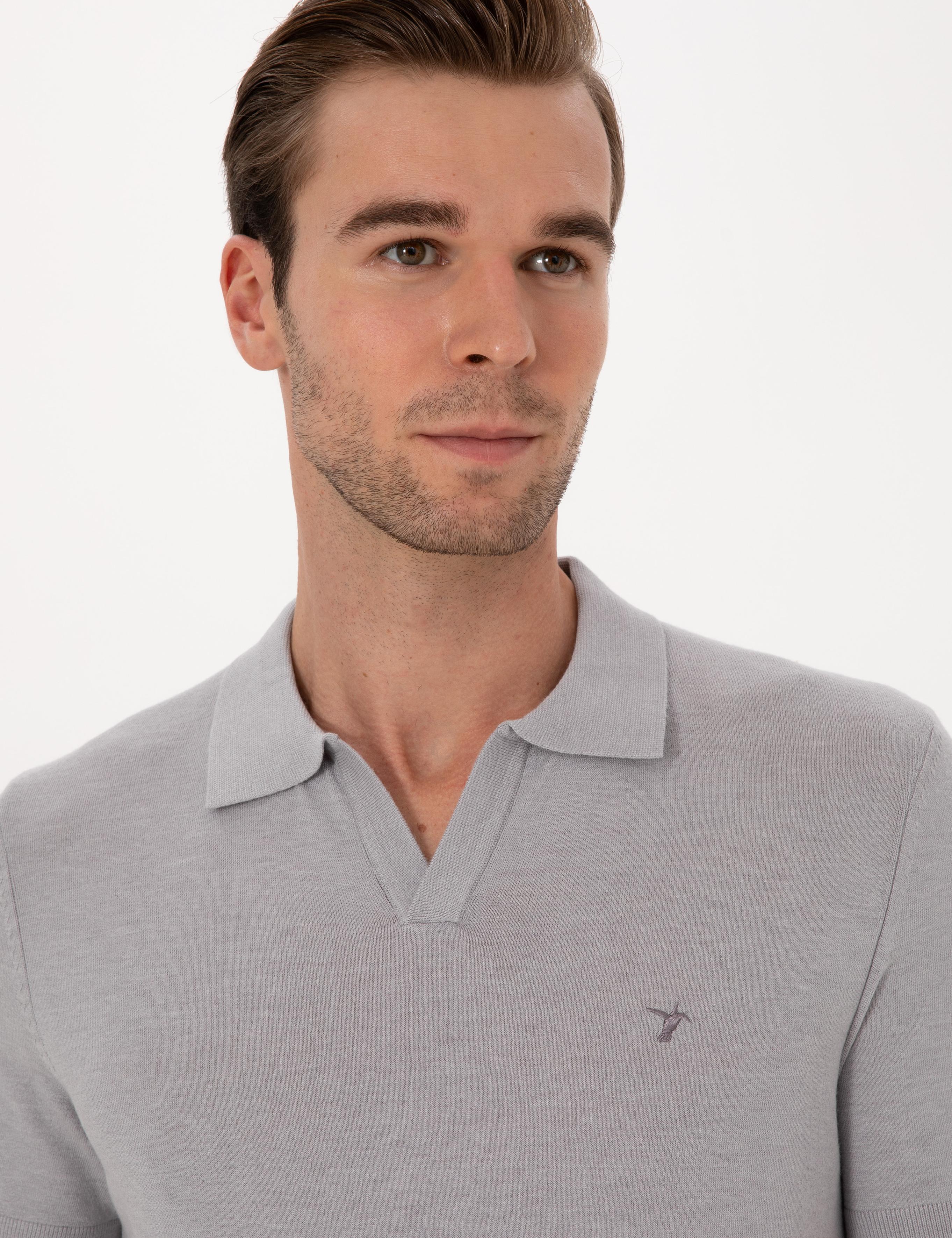 Gri Slim Fit Modal Karışımlı Apaş Yaka Triko T-shirt - 50313020039