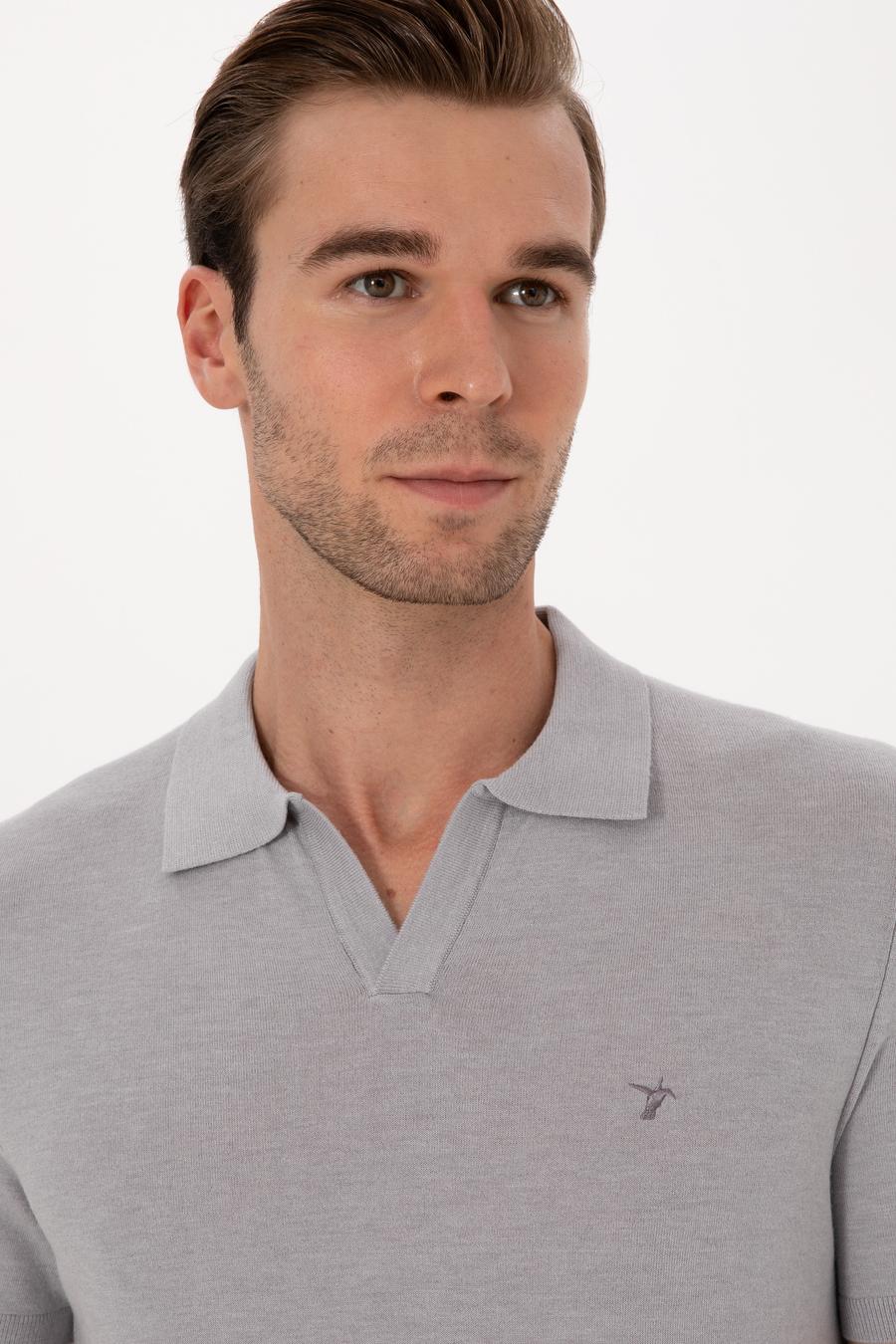 Gri Slim Fit Modal Karışımlı Apaş Yaka Triko T-shirt - 50313020039