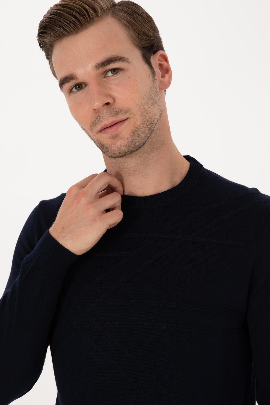 Lacivert Slim Fit Yün Karışımlı Bisiklet Yaka Triko Kazak - 50311869037