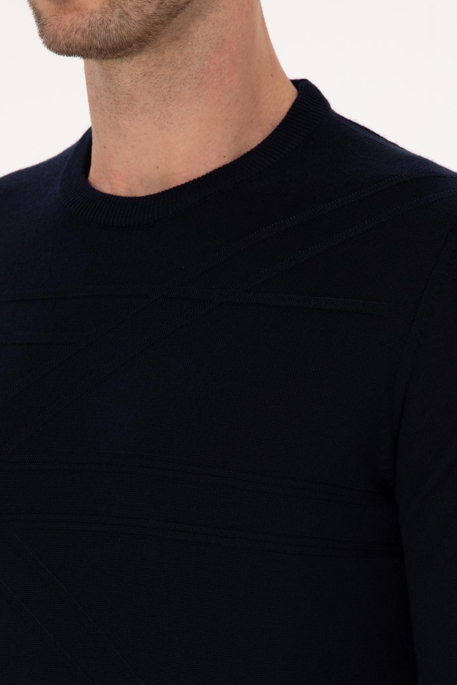 Lacivert Slim Fit Yün Karışımlı Bisiklet Yaka Triko Kazak - 50311869037