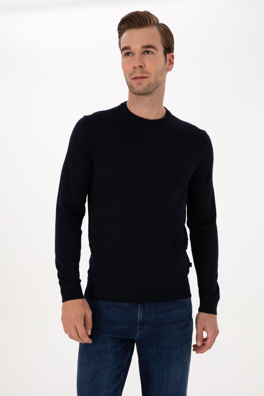 Lacivert Slim Fit Yün Karışımlı Bisiklet Yaka Triko Kazak - 50311869037
