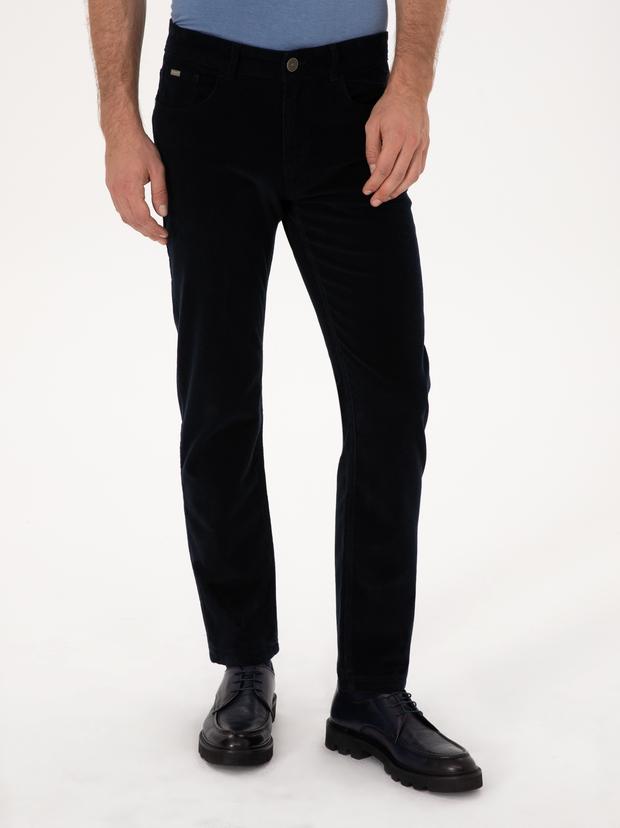 Lacivert Straight Fit Pamuk Karışımlı İnce Fitilli Kadife Kanvas Pantolon
