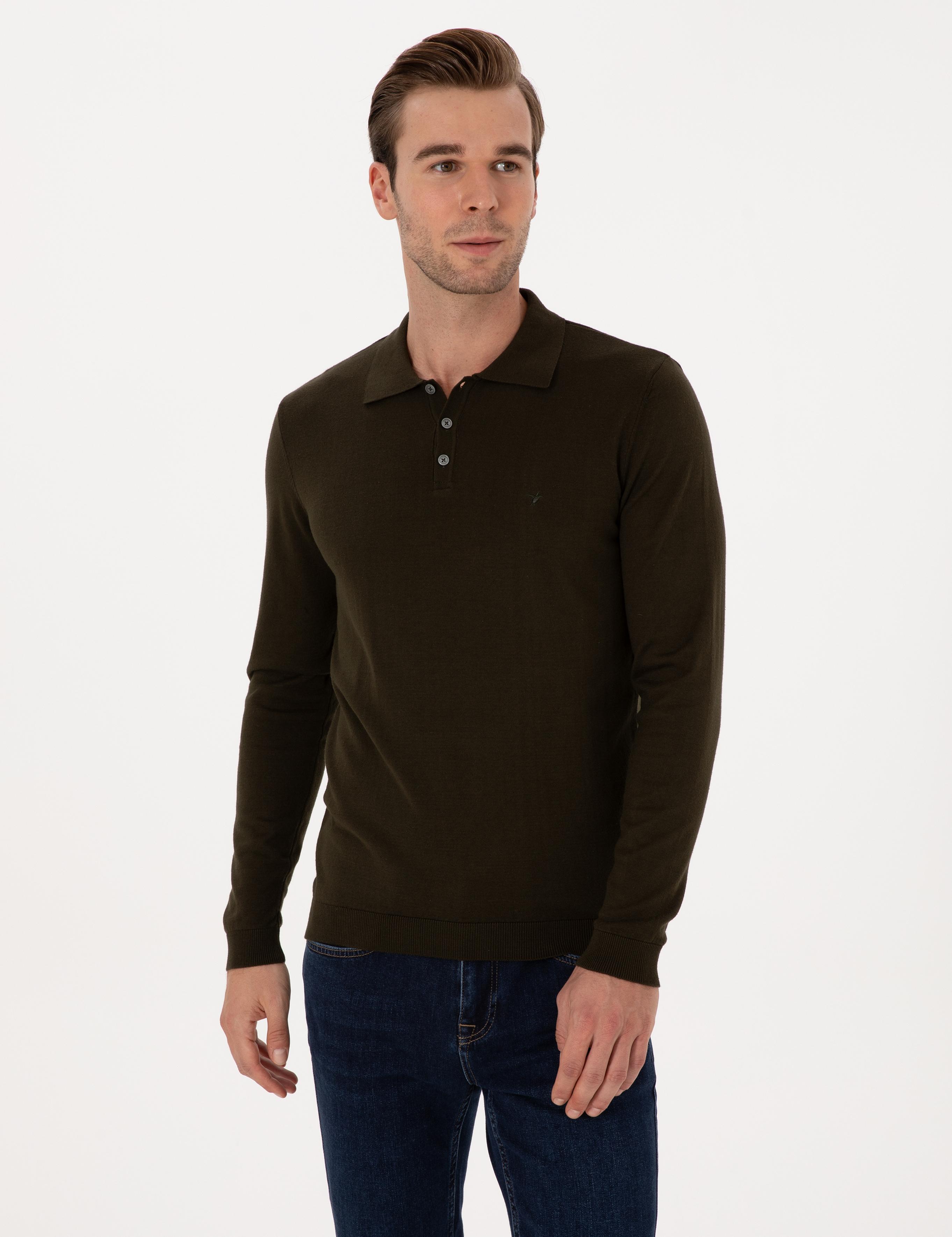 Haki Regular Fit Pamuk Karışımlı Polo Yaka Basic Triko Kazak - 50318673038