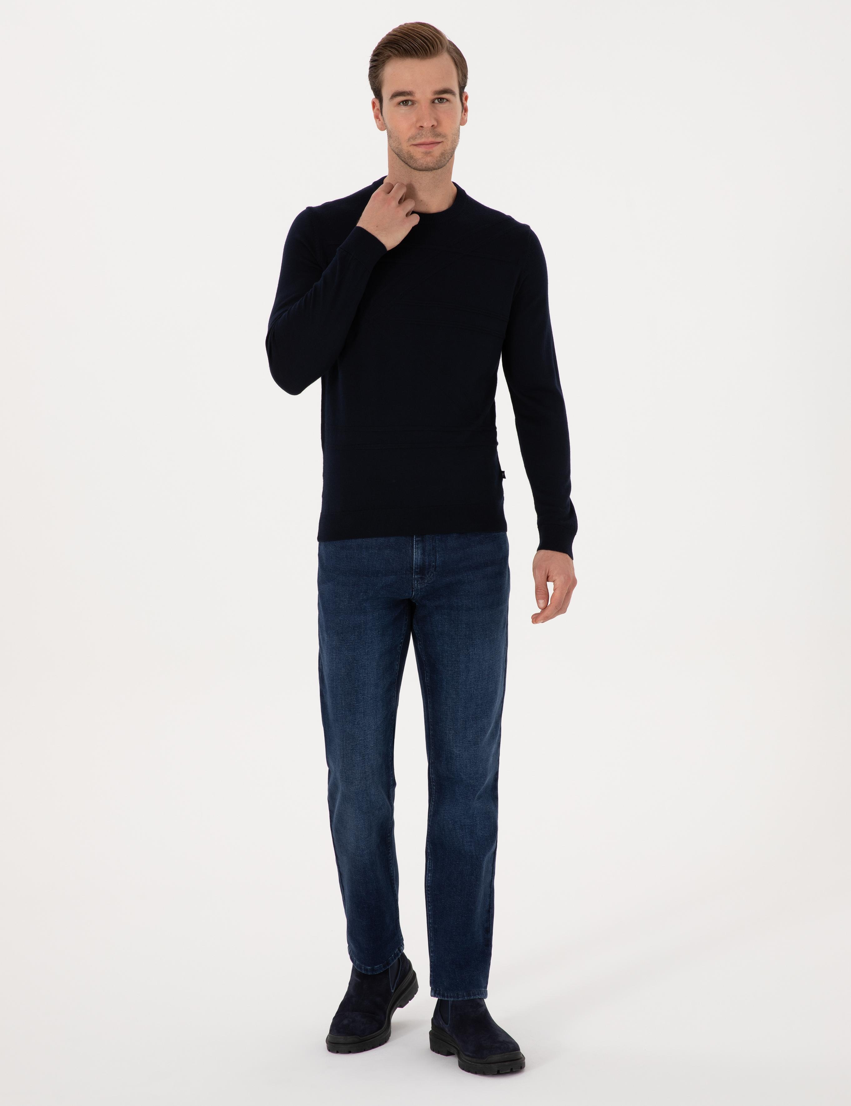 Lacivert Slim Fit Yün Karışımlı Bisiklet Yaka Triko Kazak - 50311869037