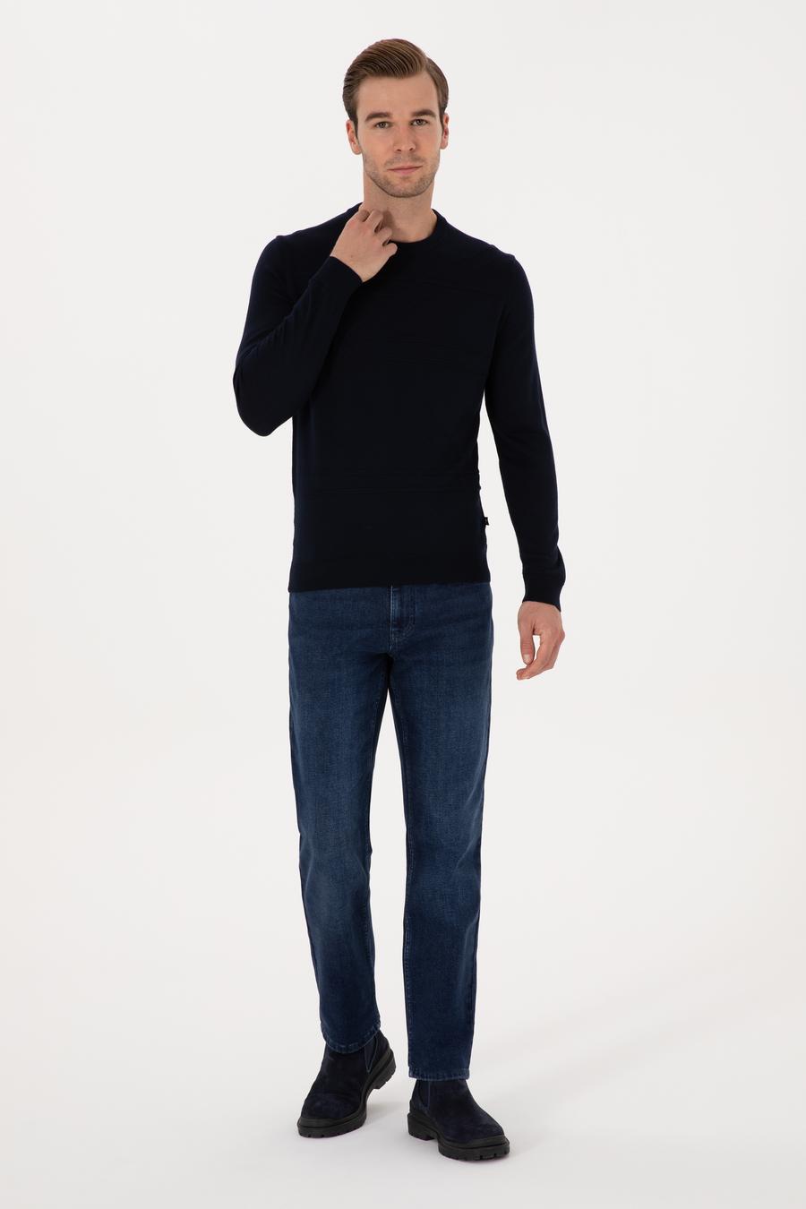 Lacivert Slim Fit Yün Karışımlı Bisiklet Yaka Triko Kazak - 50311869037