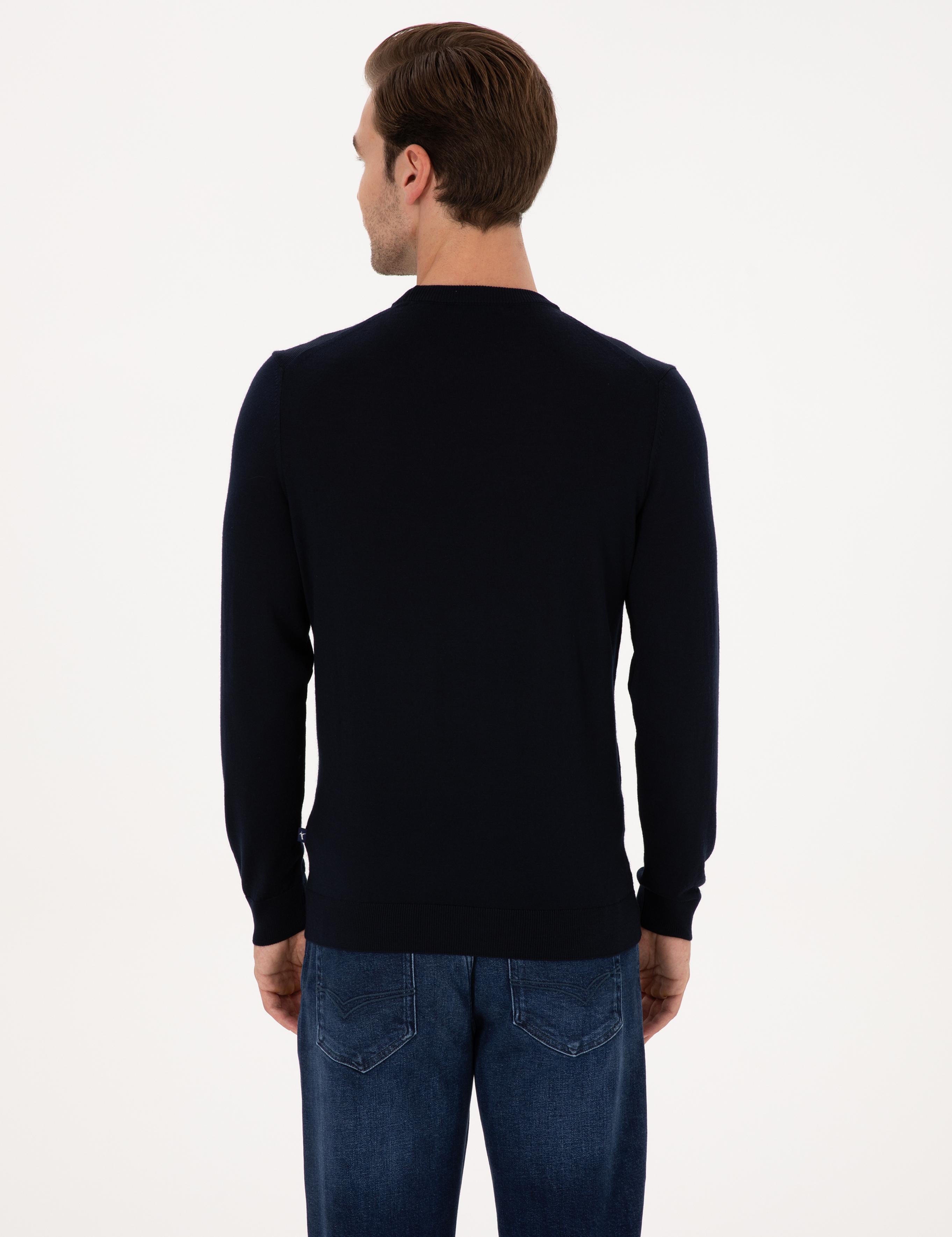 Lacivert Slim Fit Yün Karışımlı Bisiklet Yaka Triko Kazak - 50311869037