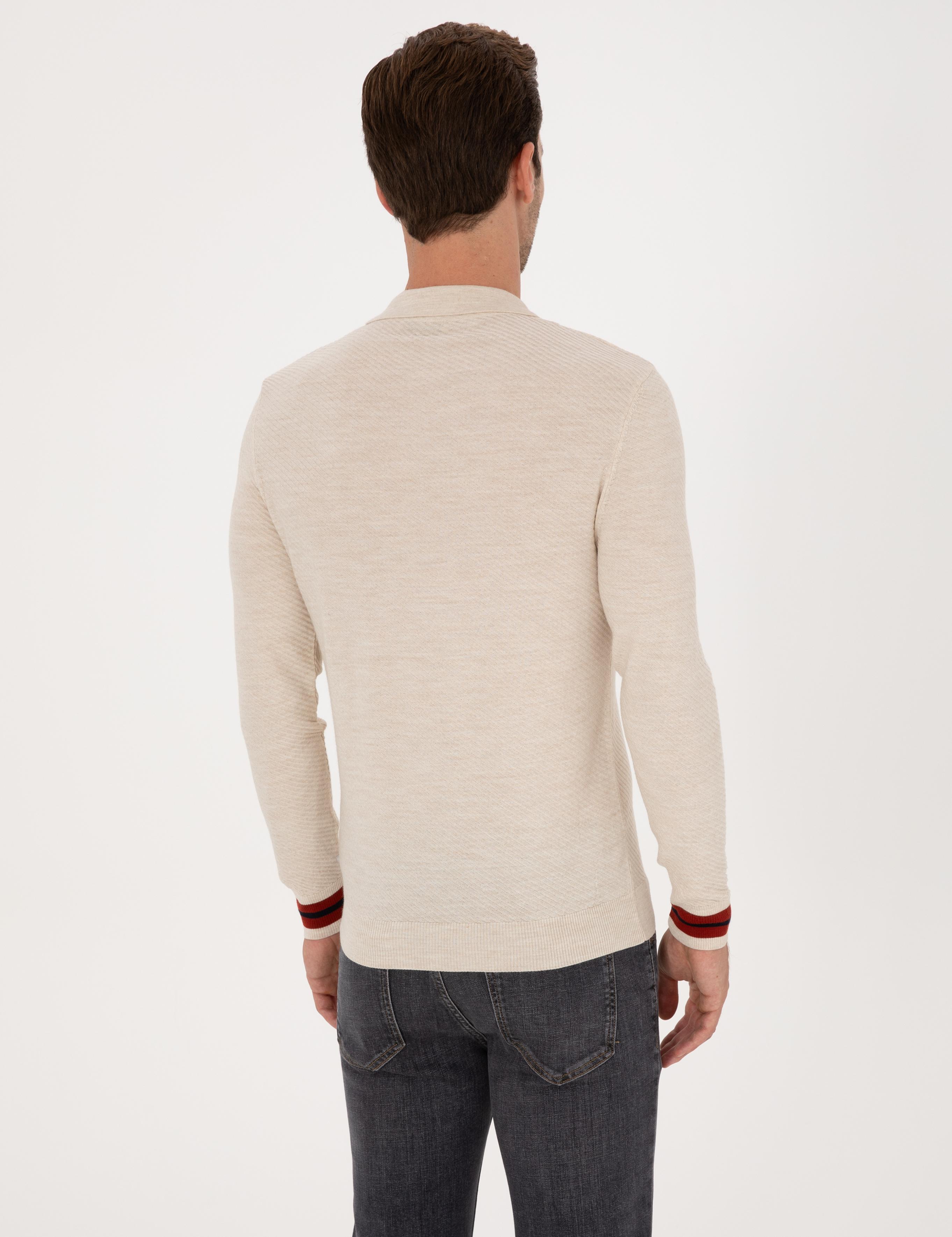Ekru Slim Fit Yün Karışımlı Polo Yaka Triko Kazak - 50293798026