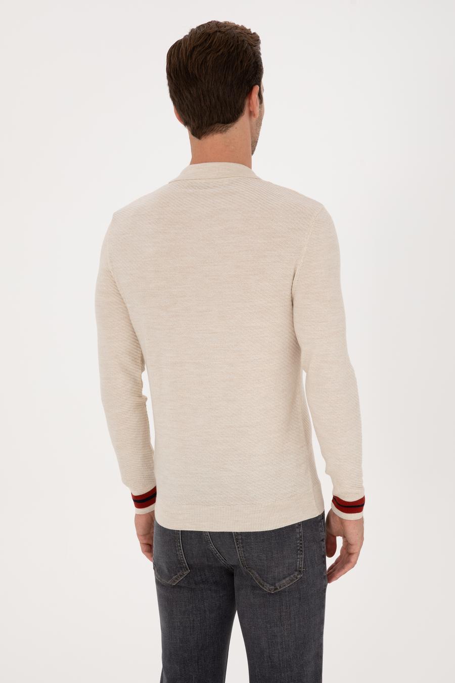 Ekru Slim Fit Yün Karışımlı Polo Yaka Triko Kazak - 50293798026