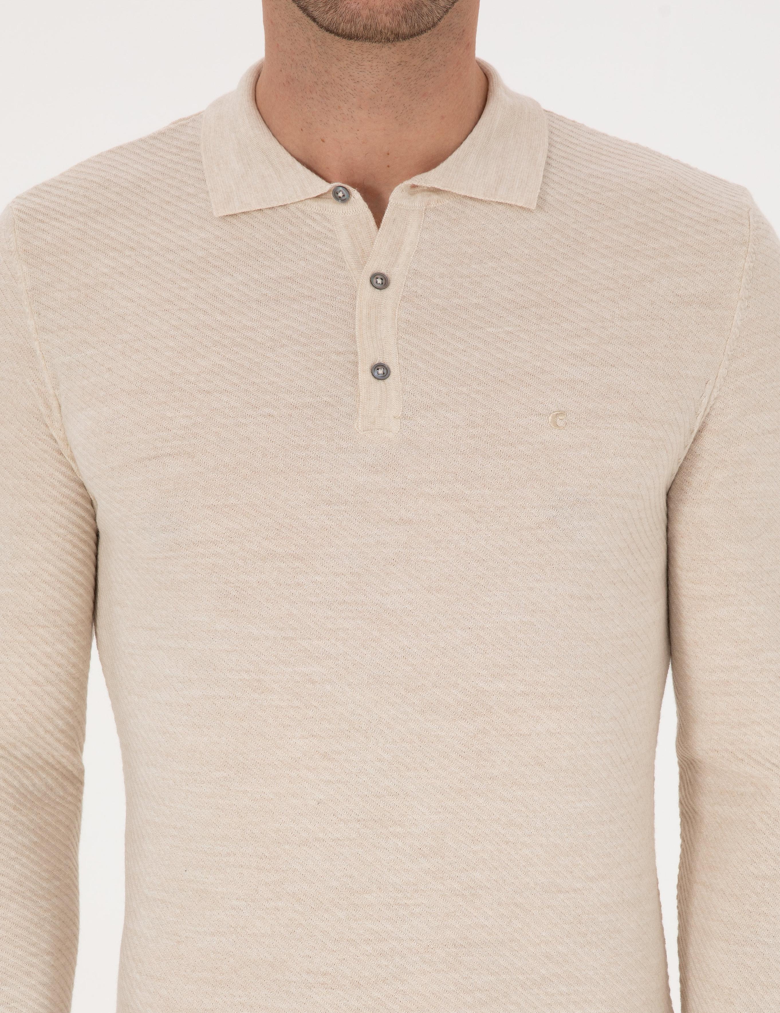 Ekru Slim Fit Yün Karışımlı Polo Yaka Triko Kazak - 50293798026