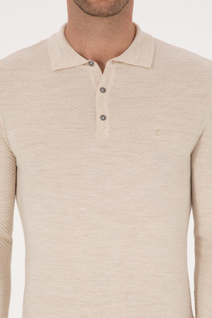 Ekru Slim Fit Yün Karışımlı Polo Yaka Triko Kazak - 50293798026