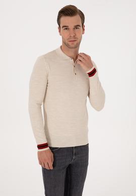 Ekru Slim Fit Yün Karışımlı Polo Yaka Triko Kazak