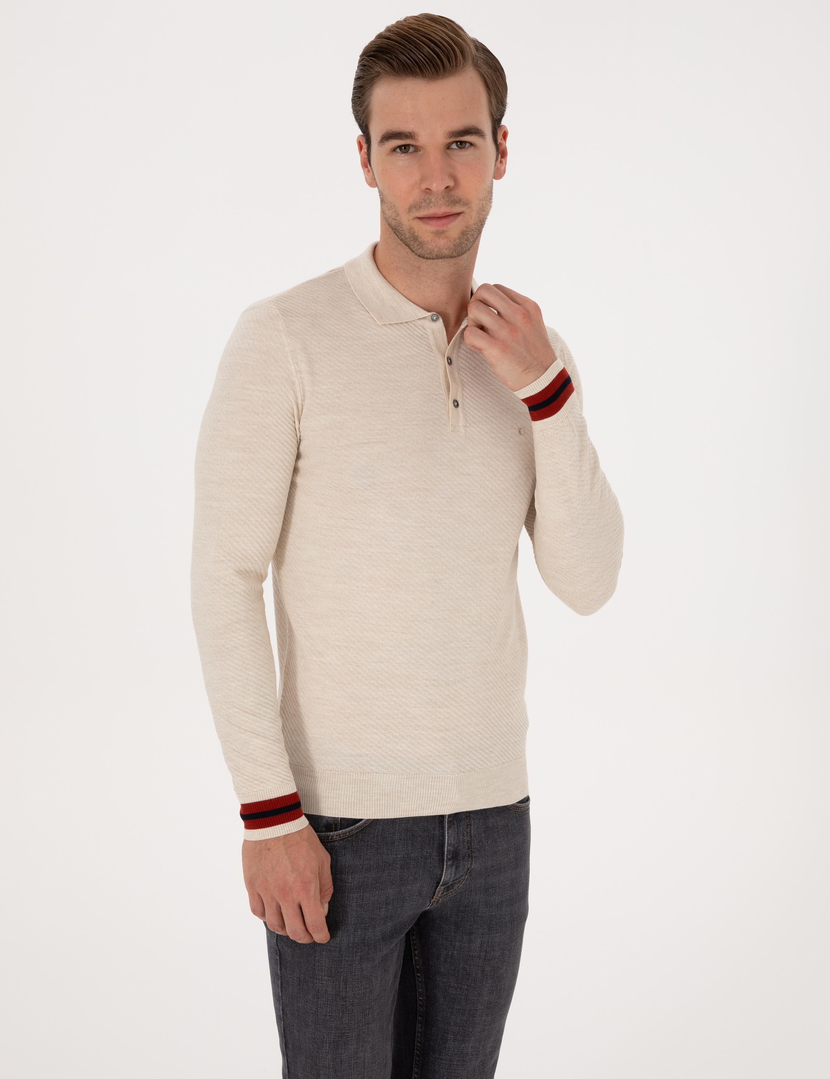 Ekru Slim Fit Yün Karışımlı Polo Yaka Triko Kazak - 50293798026