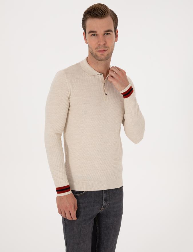 Ekru Slim Fit Yün Karışımlı Polo Yaka Triko Kazak