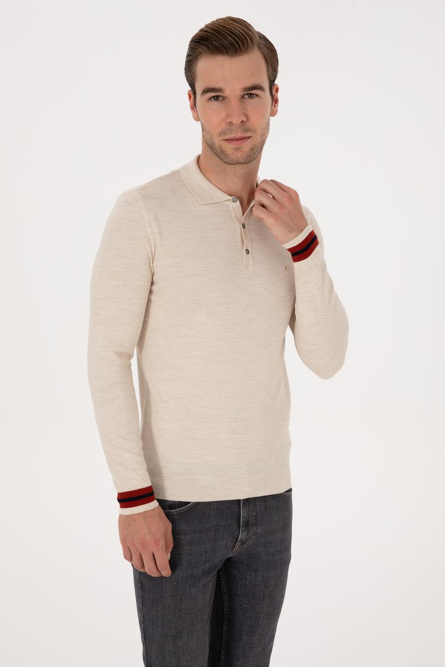 Ekru Slim Fit Yün Karışımlı Polo Yaka Triko Kazak - 50293798026