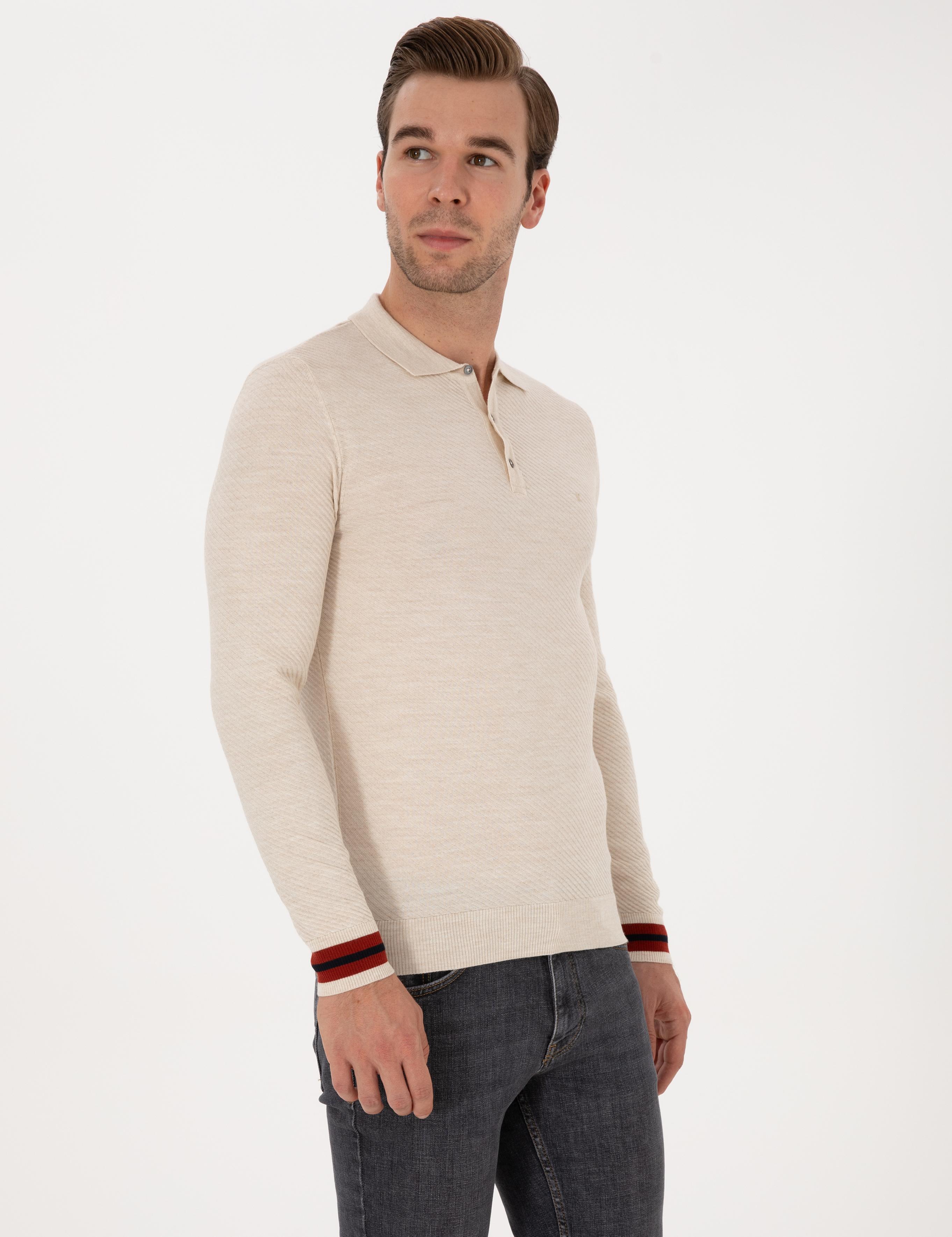 Ekru Slim Fit Yün Karışımlı Polo Yaka Triko Kazak - 50293798026