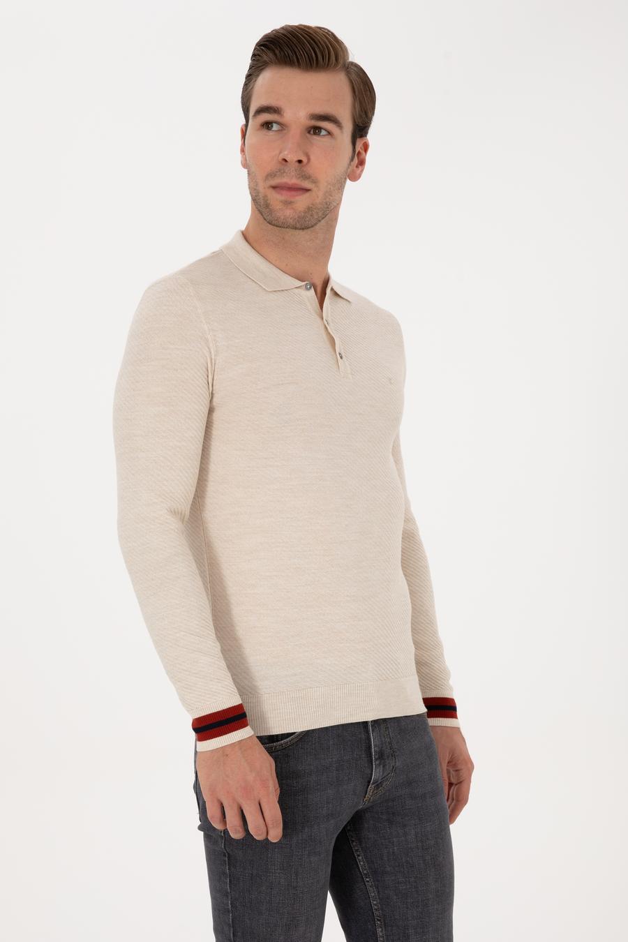 Ekru Slim Fit Yün Karışımlı Polo Yaka Triko Kazak - 50293798026