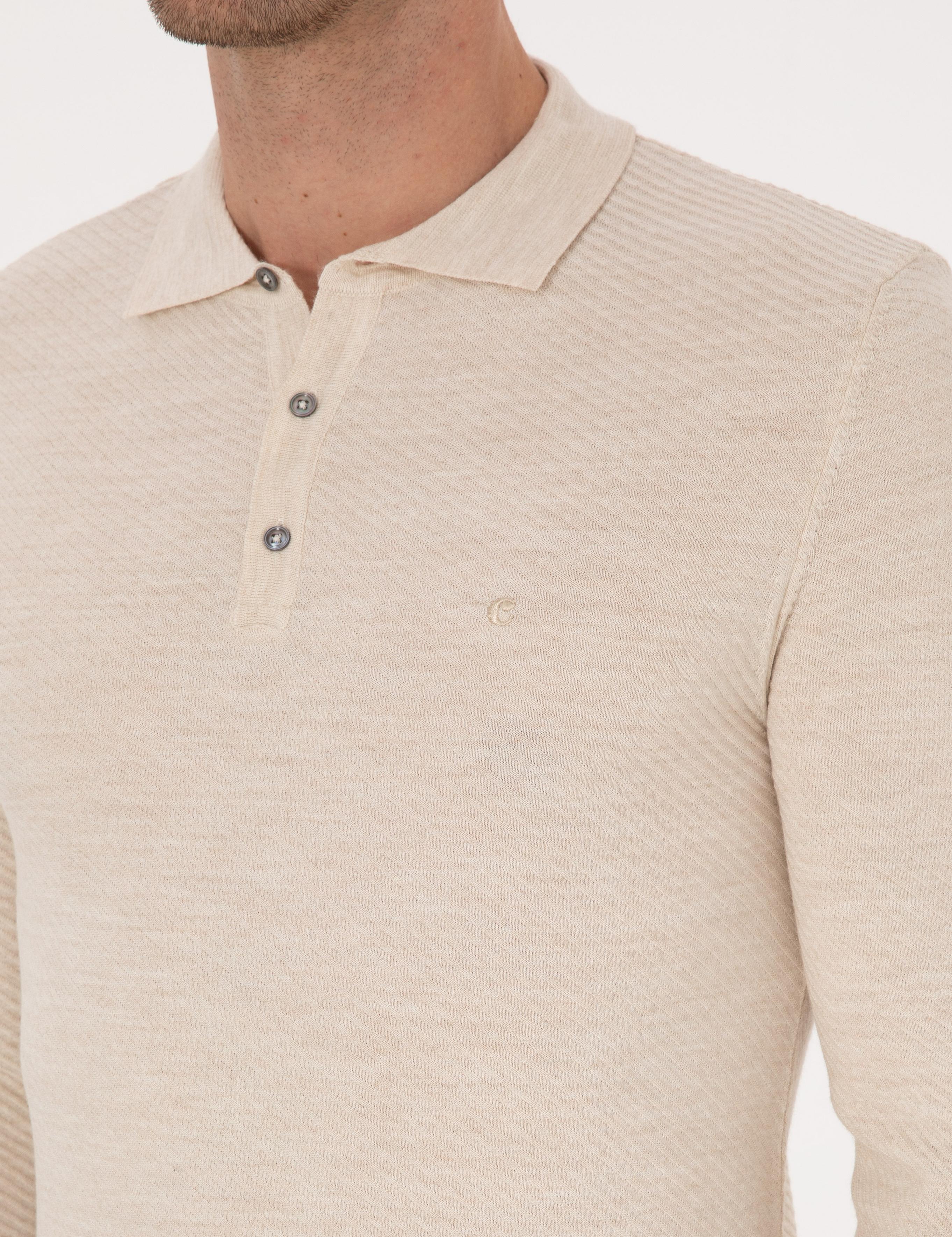 Ekru Slim Fit Yün Karışımlı Polo Yaka Triko Kazak - 50293798026