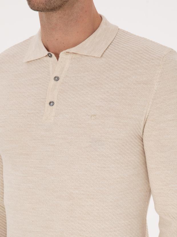 Ekru Slim Fit Yün Karışımlı Polo Yaka Triko Kazak