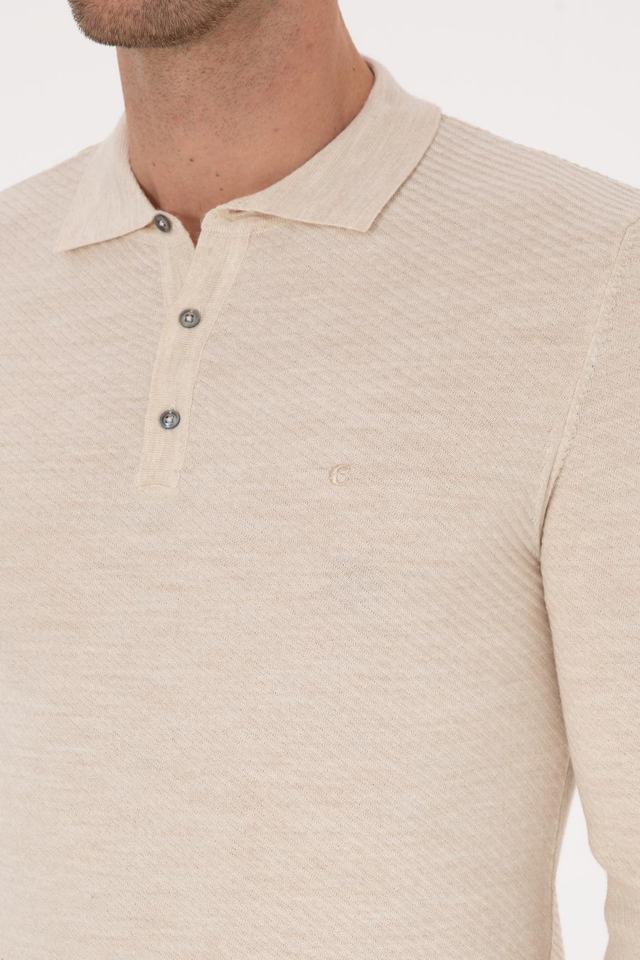 Ekru Slim Fit Yün Karışımlı Polo Yaka Triko Kazak - 50293798026