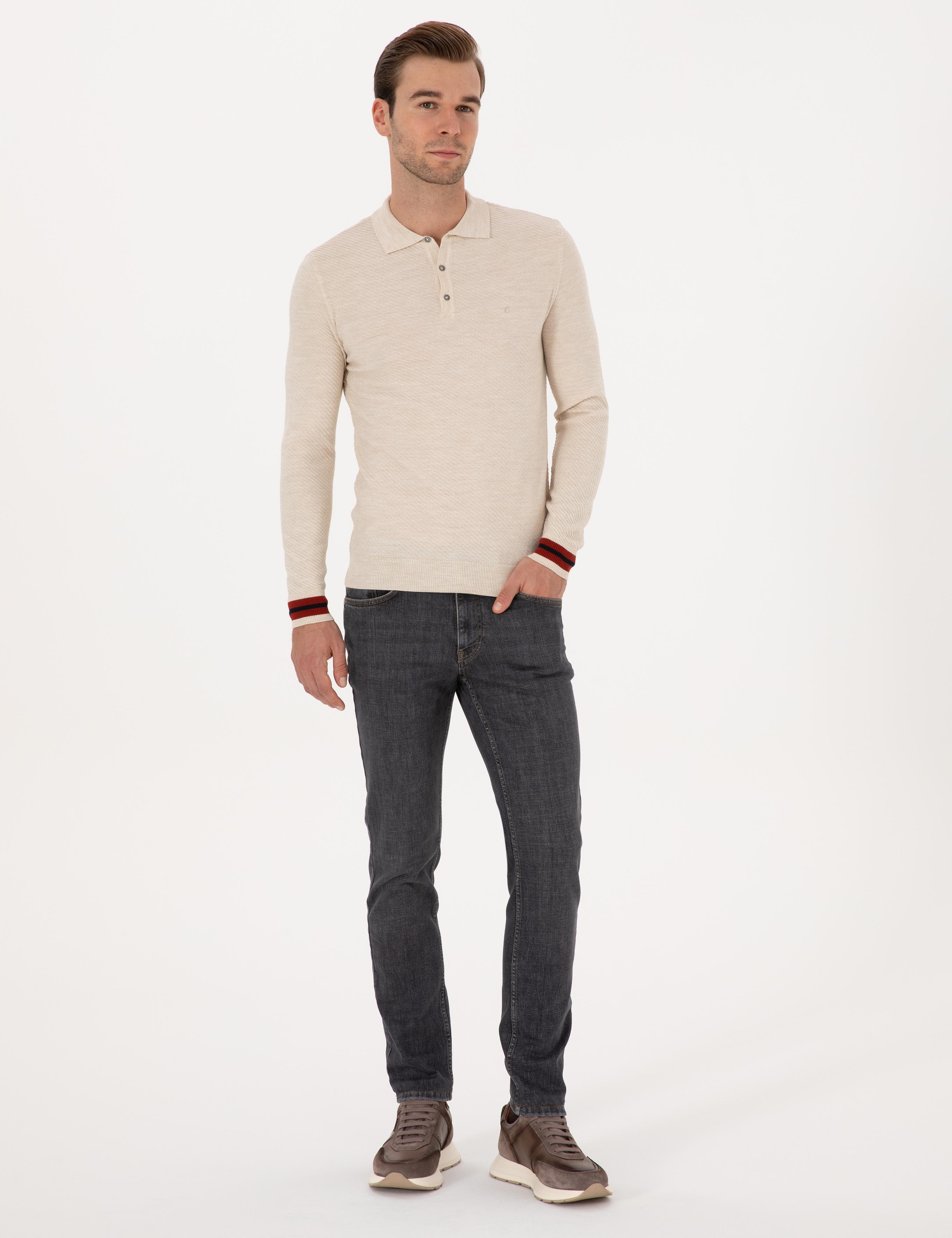 Ekru Slim Fit Yün Karışımlı Polo Yaka Triko Kazak - 50293798026