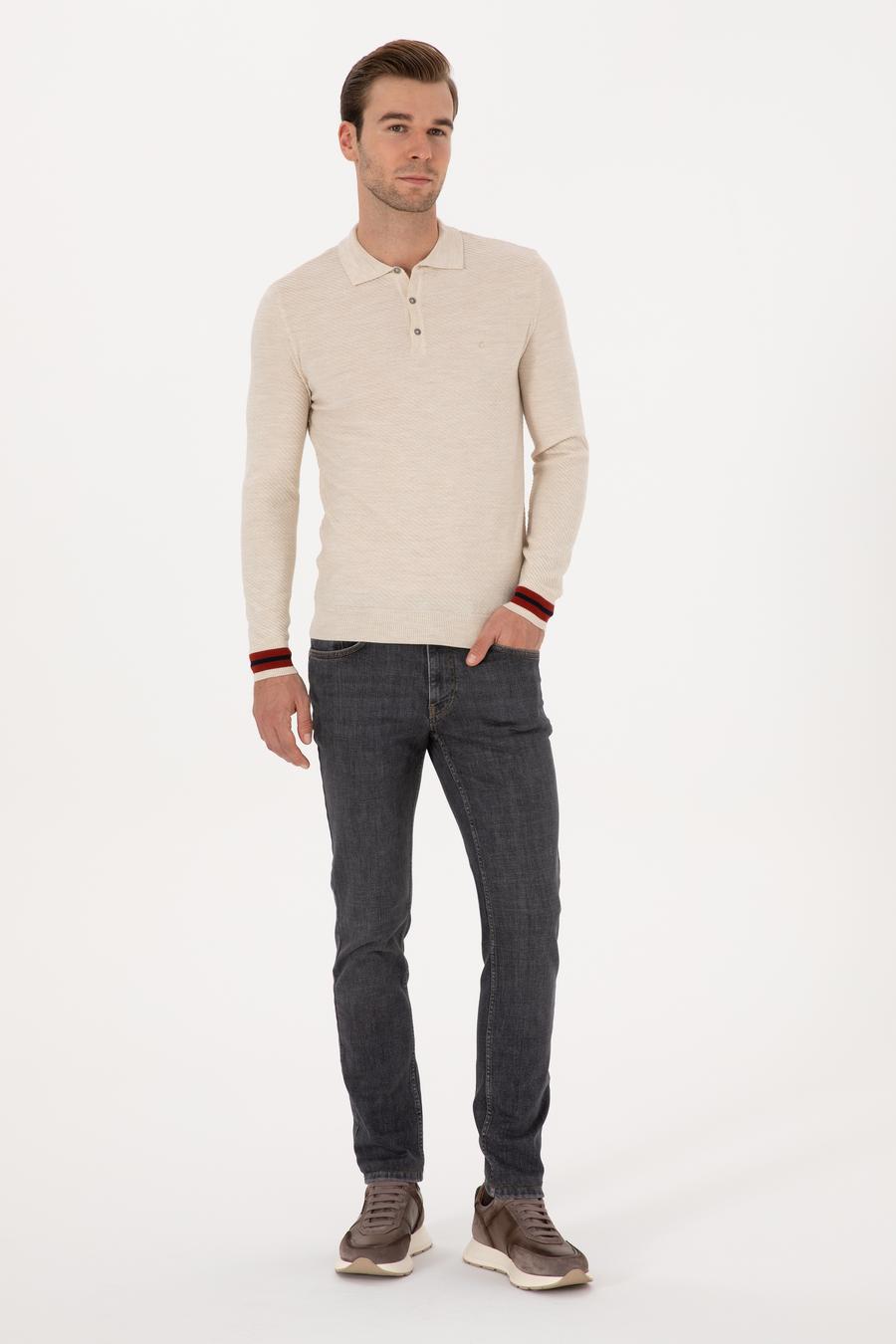 Ekru Slim Fit Yün Karışımlı Polo Yaka Triko Kazak - 50293798026