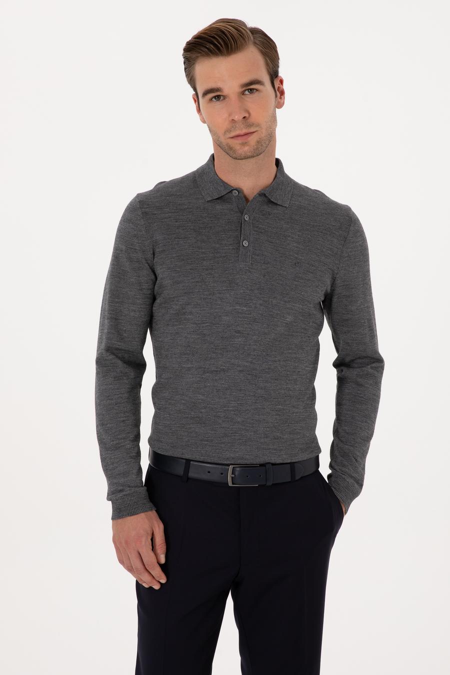 Füme Slim Fit Yün Karışımlı Polo Yaka Basic Triko Kazak - 50315267051