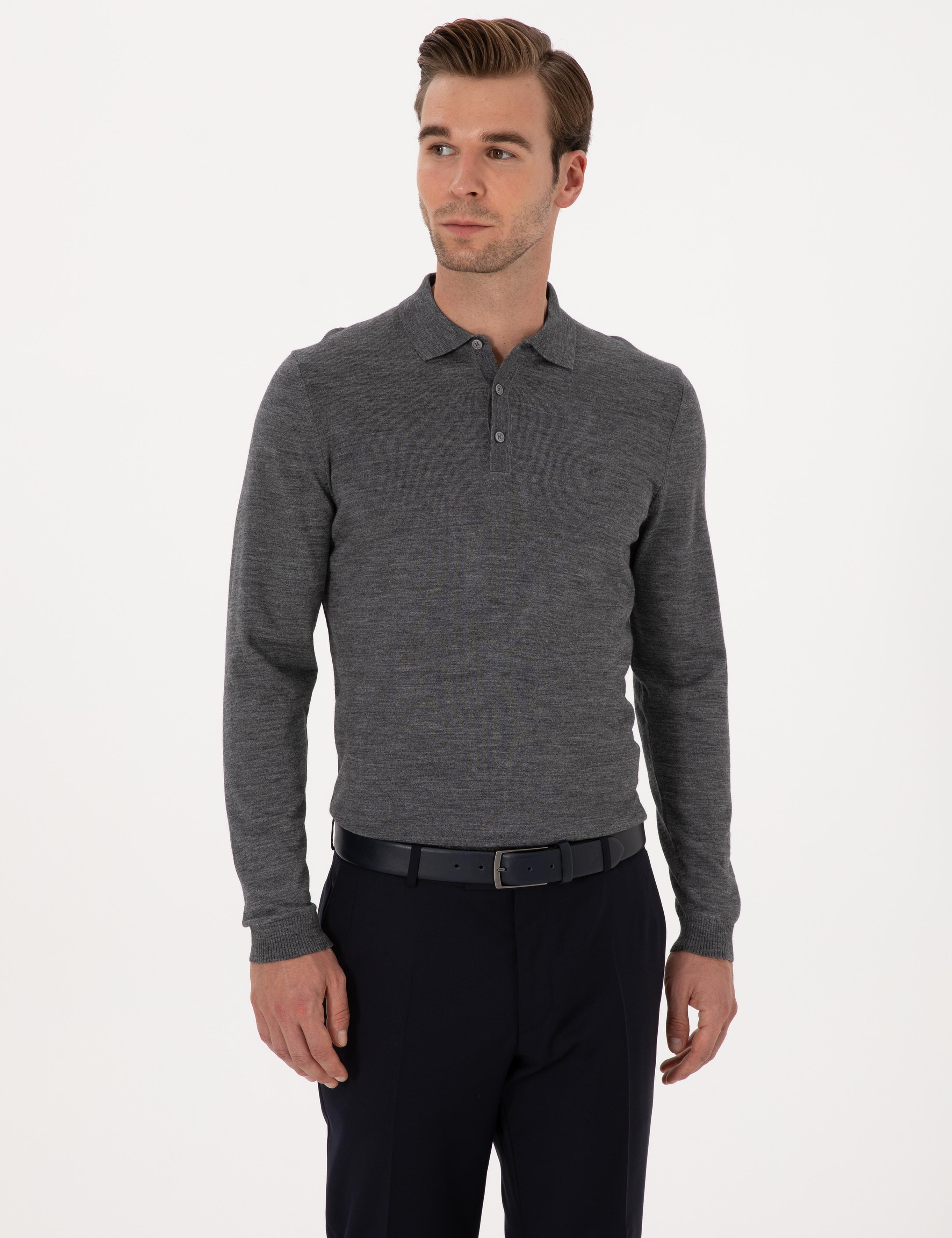 Füme Slim Fit Yün Karışımlı Polo Yaka Basic Triko Kazak - 50315267051