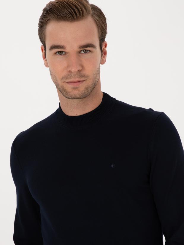 Lacivert Slim Fit Yün Karışımlı Çeyrek Balıkçı Basic Triko Kazak